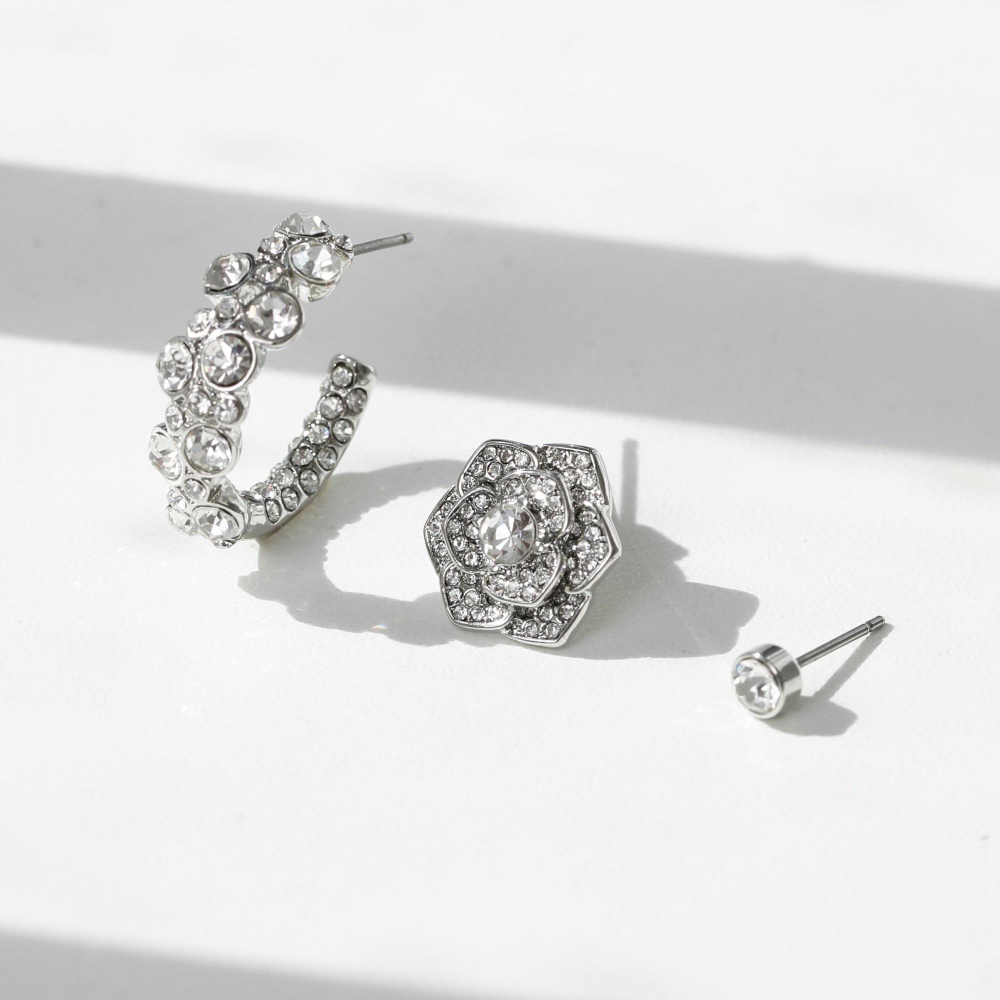 Silver - Mood - Silver Floral Crystal Stud & Hoops - Pack of 3 - 3