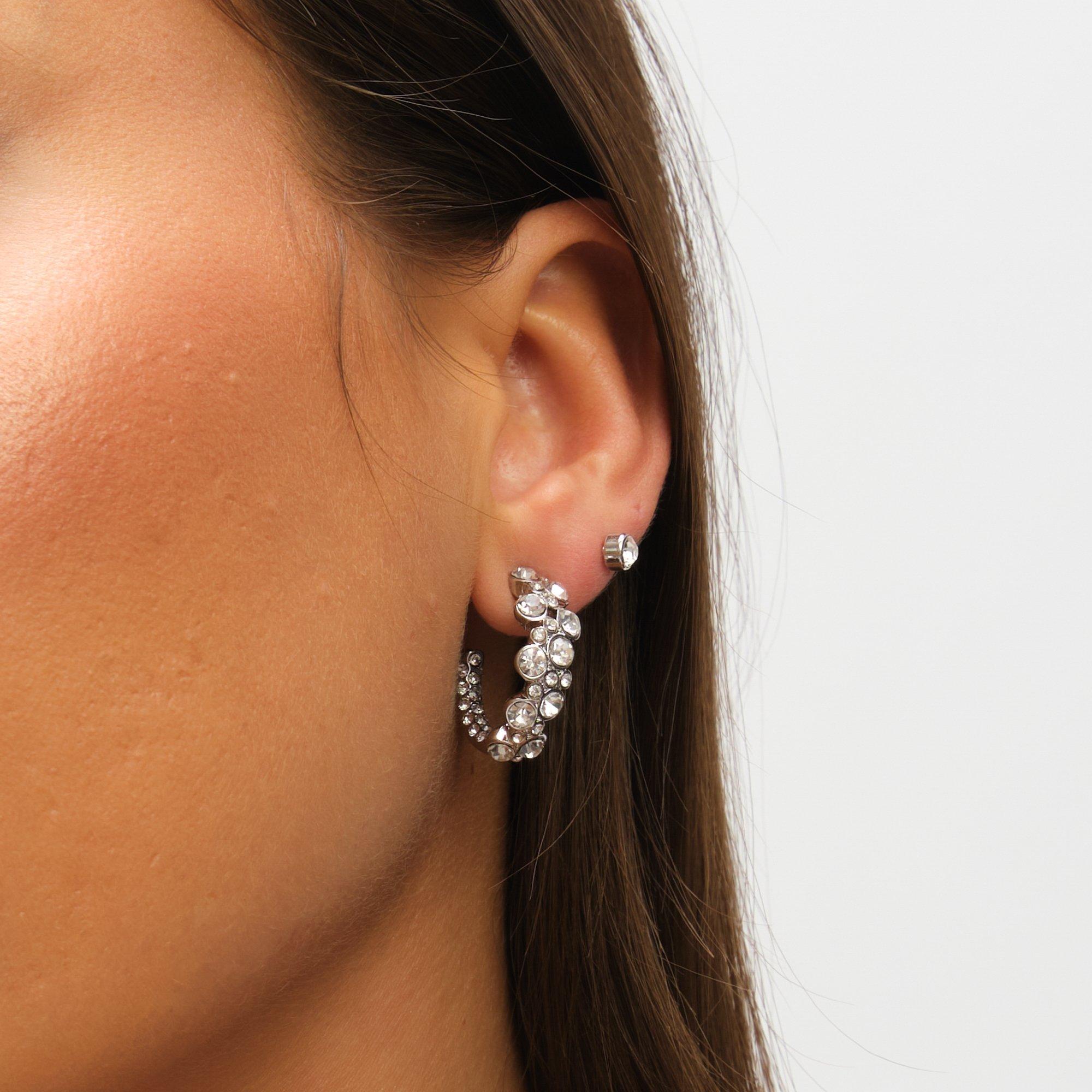 Silver - Mood - Silver Floral Crystal Stud & Hoops - Pack of 3 - 4