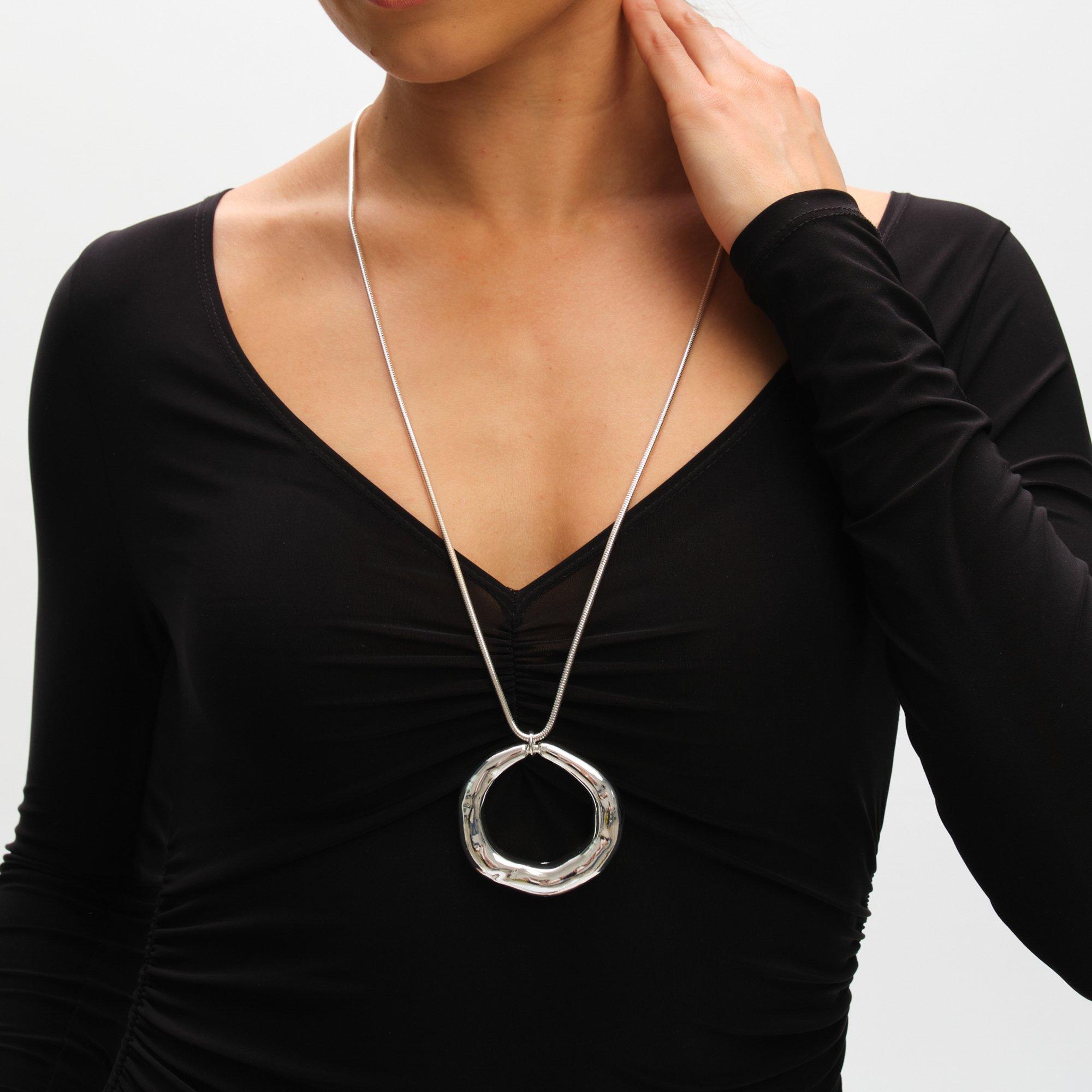 Silver - Mood - Silver Polished Abstract Long Open Pendant - 2