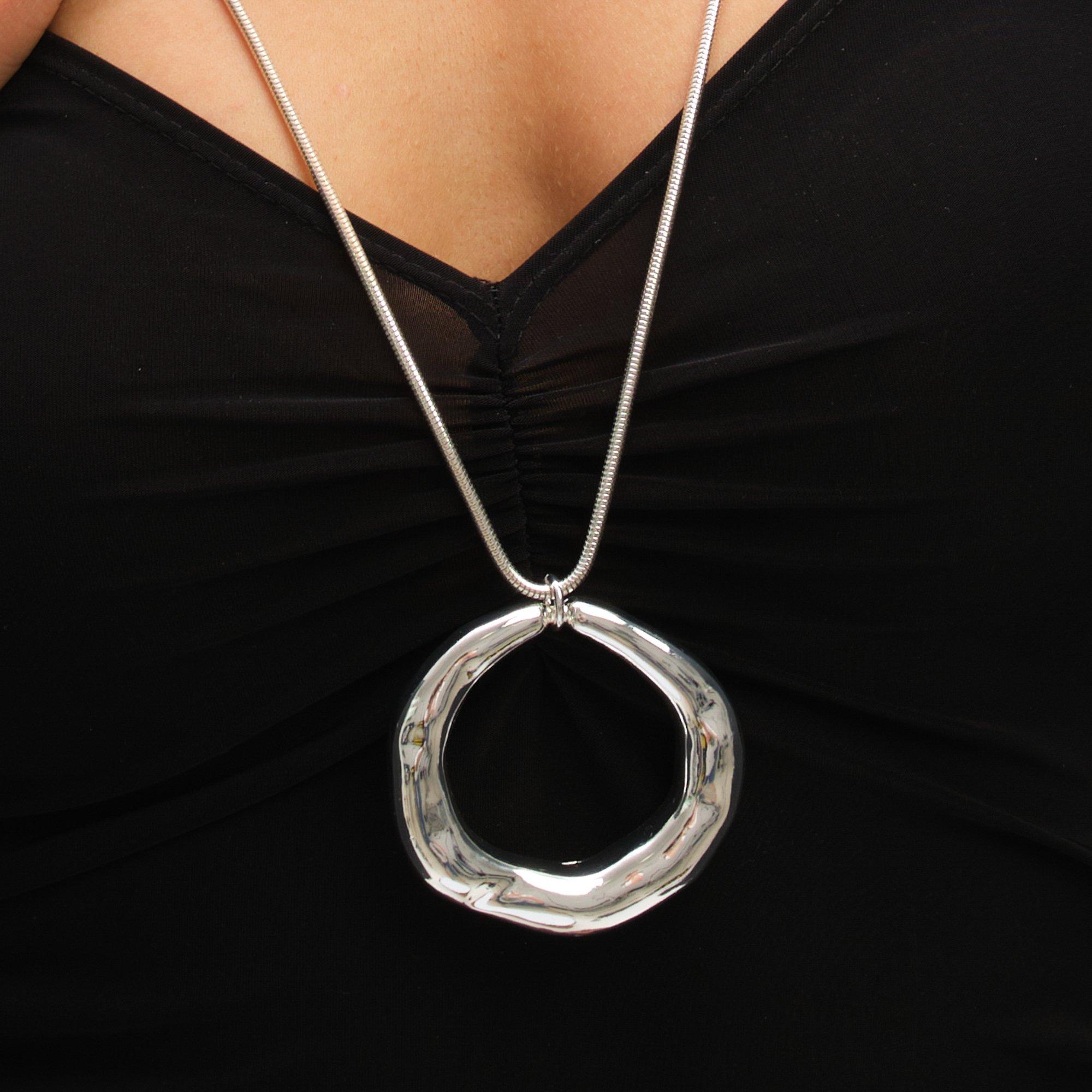 Silver - Mood - Silver Polished Abstract Long Open Pendant - 4