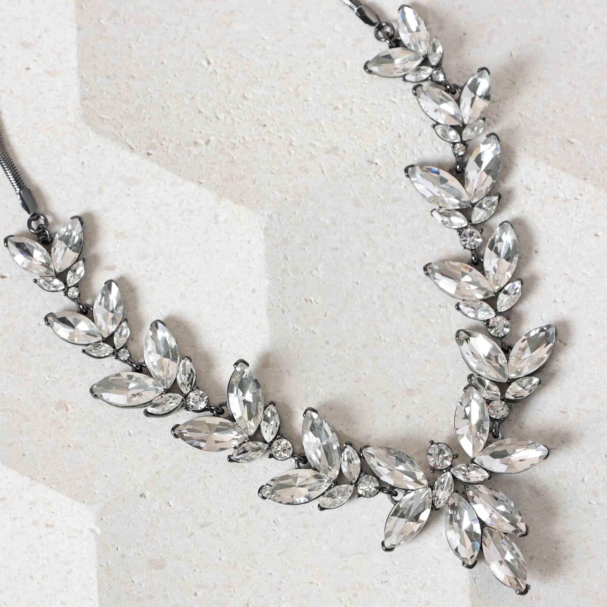 Black - Mood - Hematite & Crystal Leaf Y Drop Necklace - 3