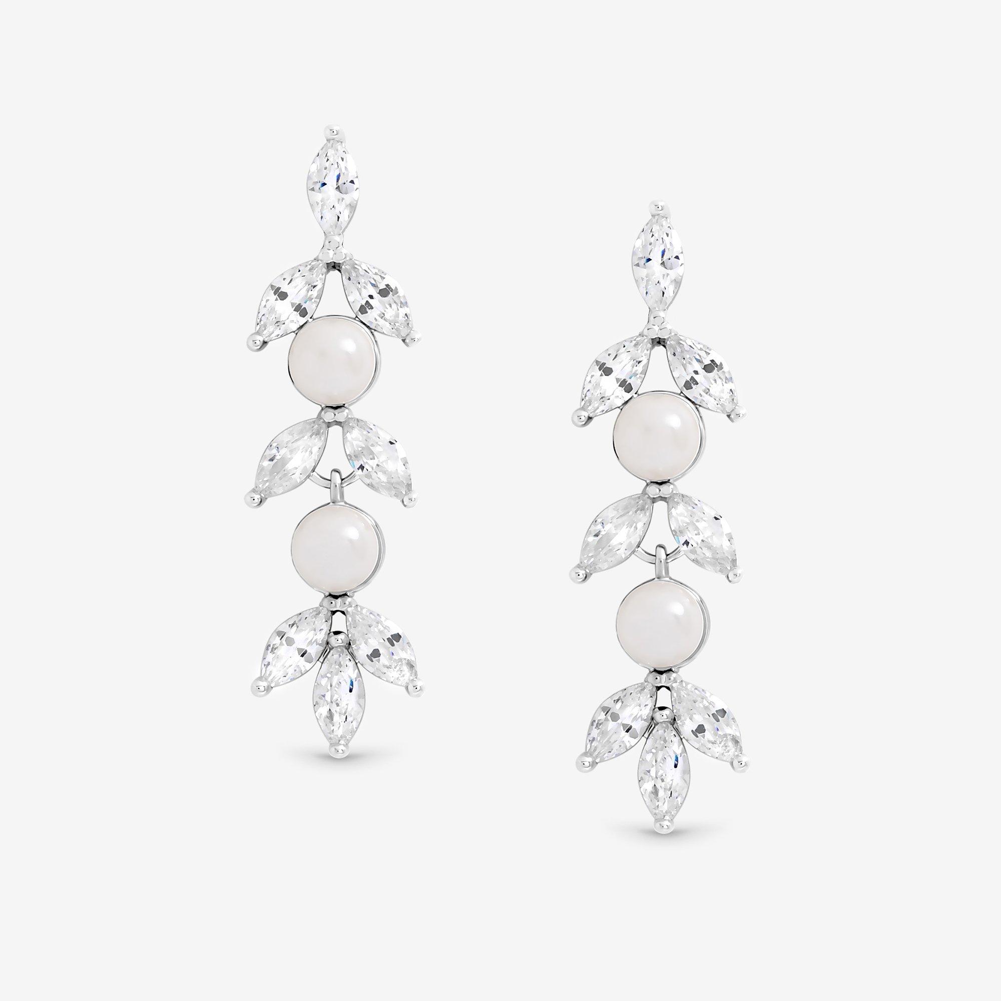 Silver - Jon Richard - Rhodium Plated Pearl Crystal Leaf Drop Earrings - 1