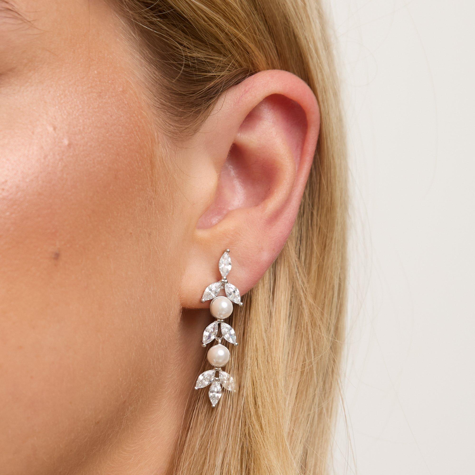 Silver - Jon Richard - Rhodium Plated Pearl Crystal Leaf Drop Earrings - 2