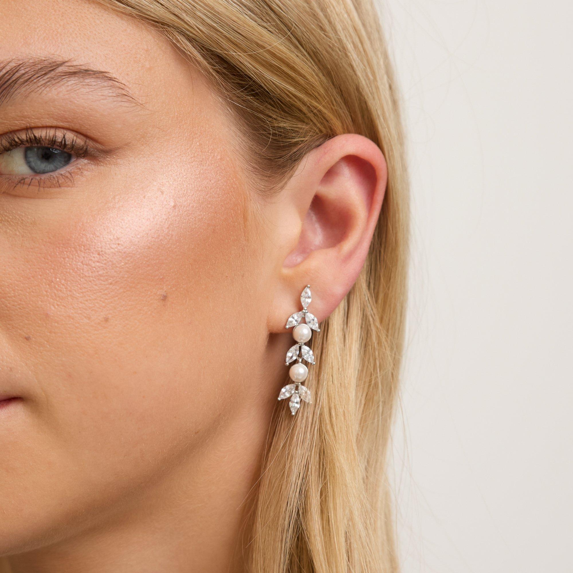 Silver - Jon Richard - Rhodium Plated Pearl Crystal Leaf Drop Earrings - 3