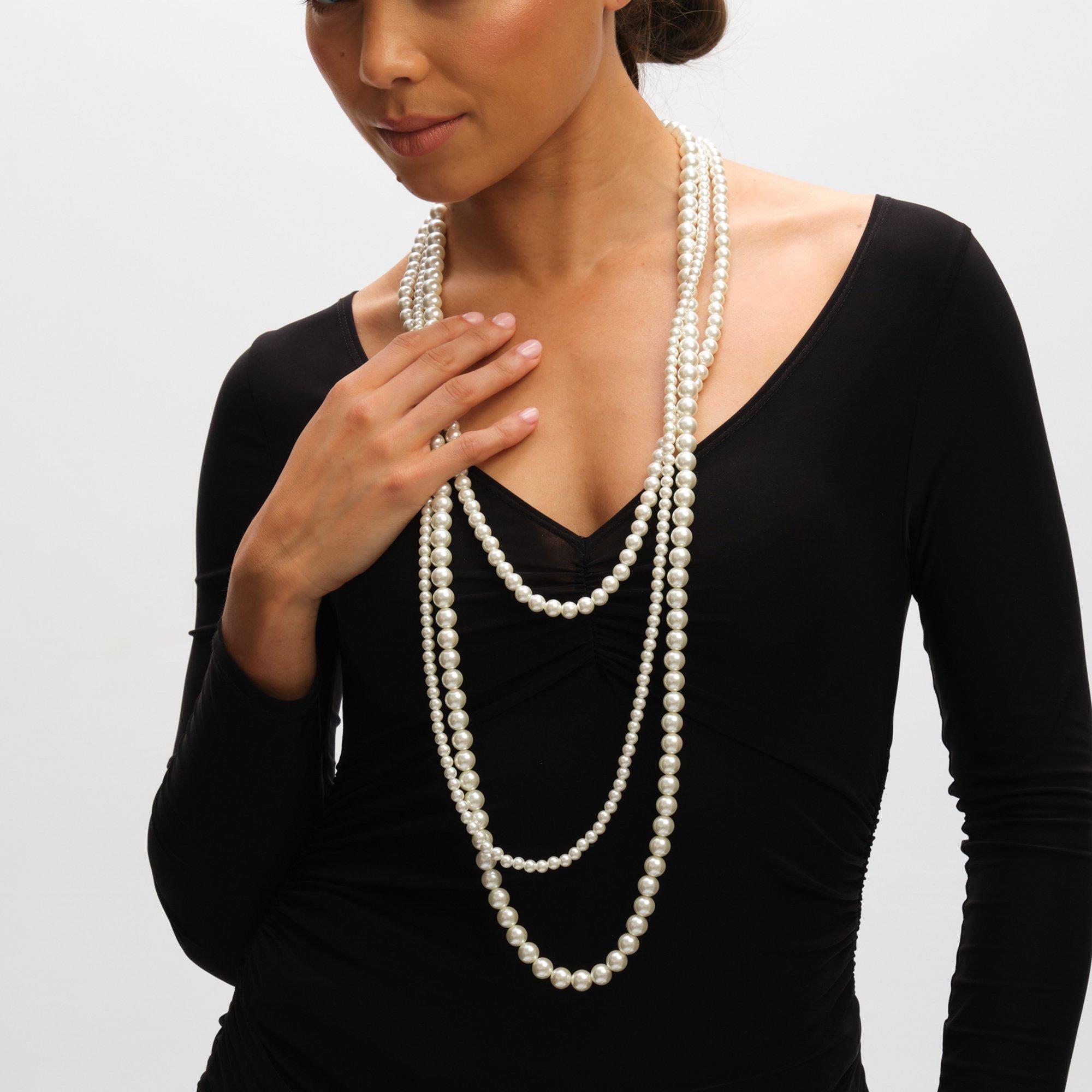 White - Mood - Pearl Multi Row Statement Long Necklace - 2