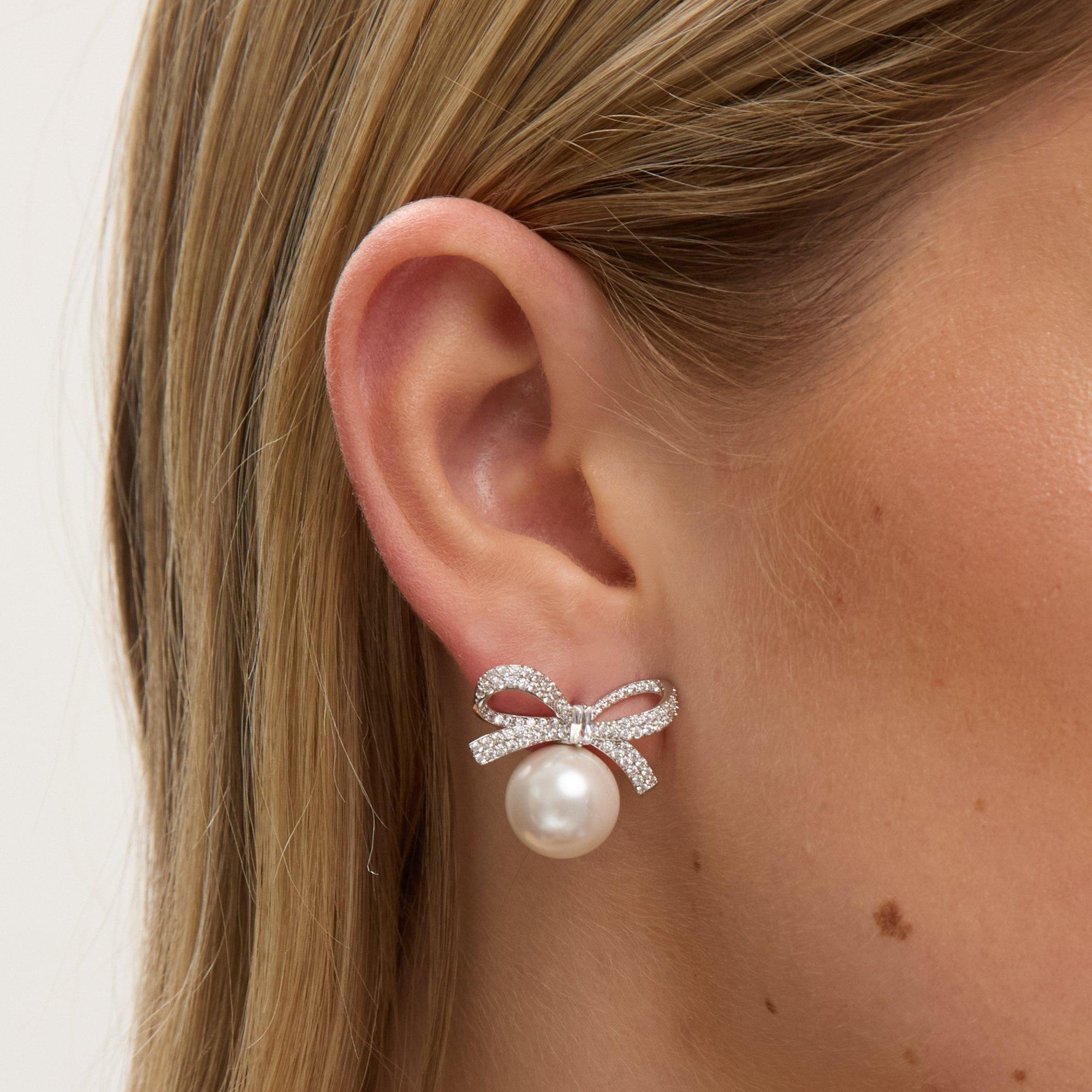 Silver - Jon Richard - Rhodium Plated Crystal Bow Pearl Earrings - 2