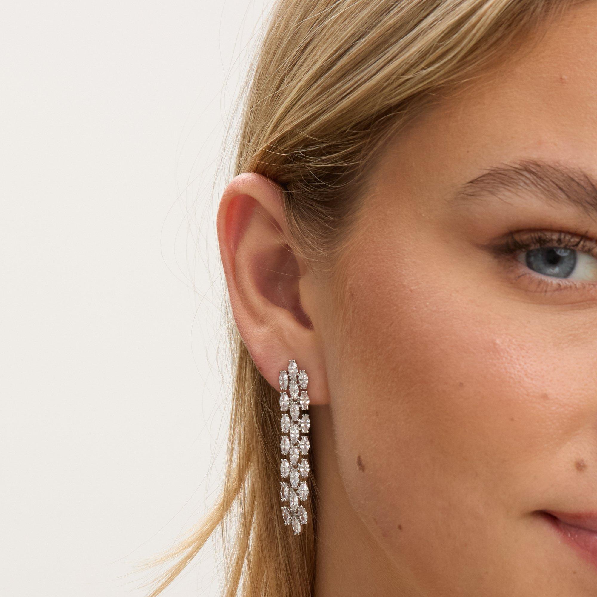 Silver - Jon Richard - Rhodium Plated CZ Navette Drop Earring - 2