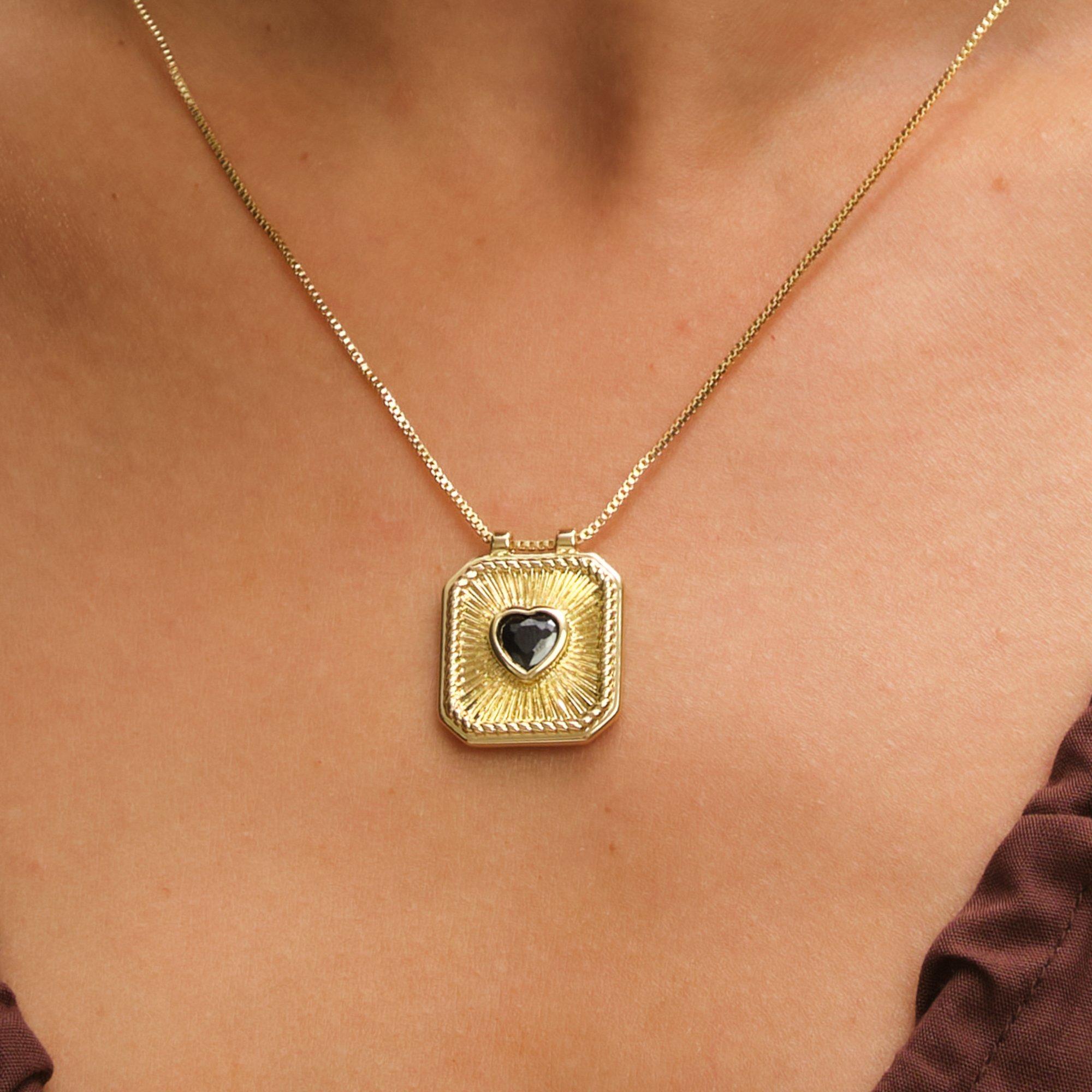 Gold - Inicio - 14K Gold Plated Jet & Heart Charm Necklace - 2