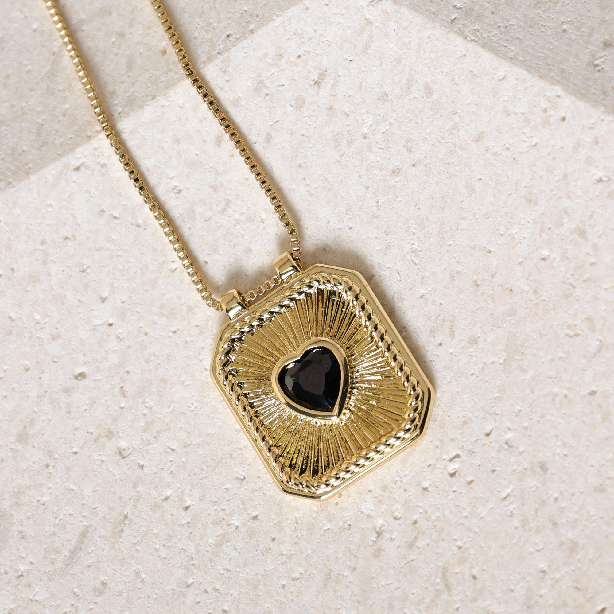 Gold - Inicio - 14K Gold Plated Jet & Heart Charm Necklace - 3