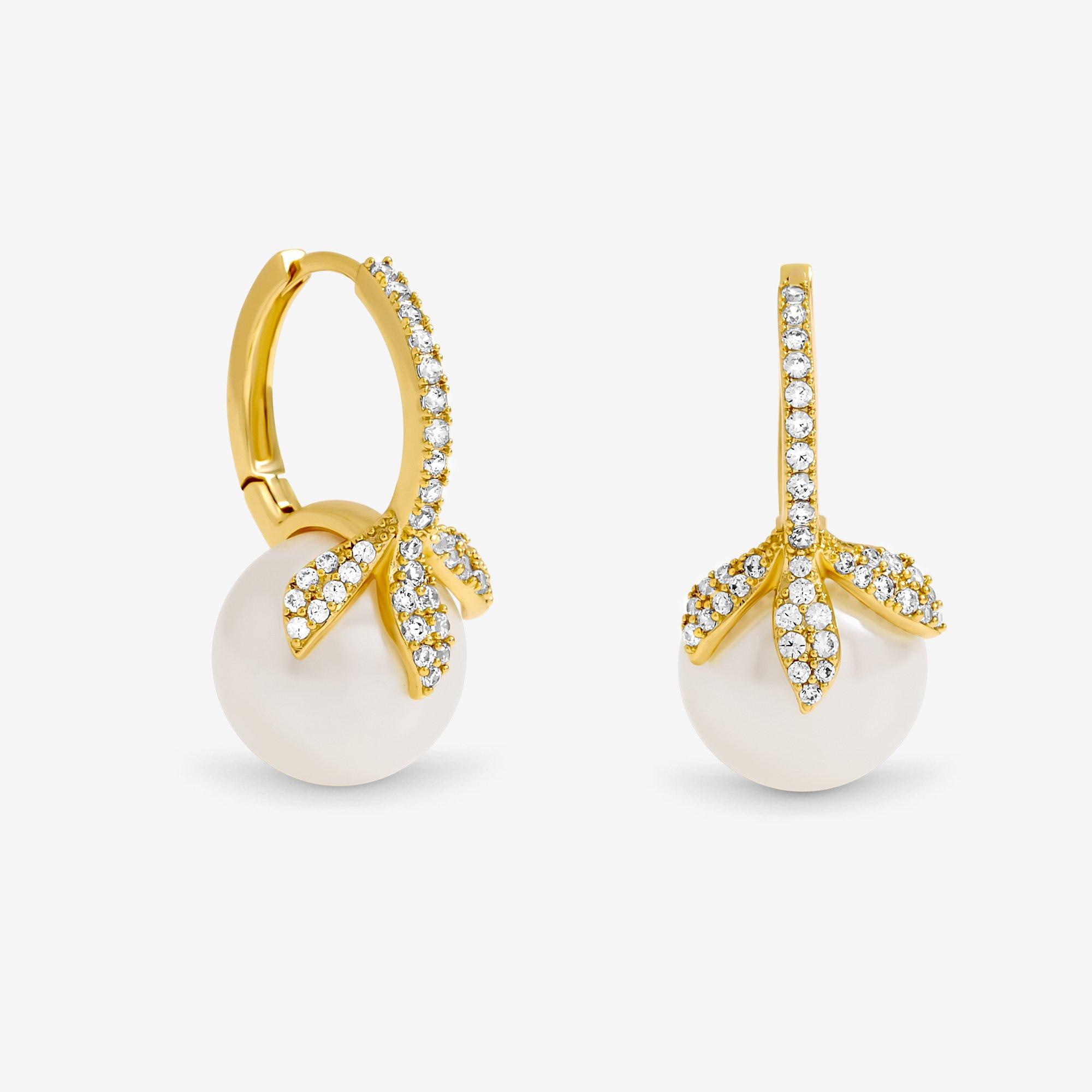 Gold - Jon Richard - Gold Plated Crystal Leaf & Pearl Earrings - 1