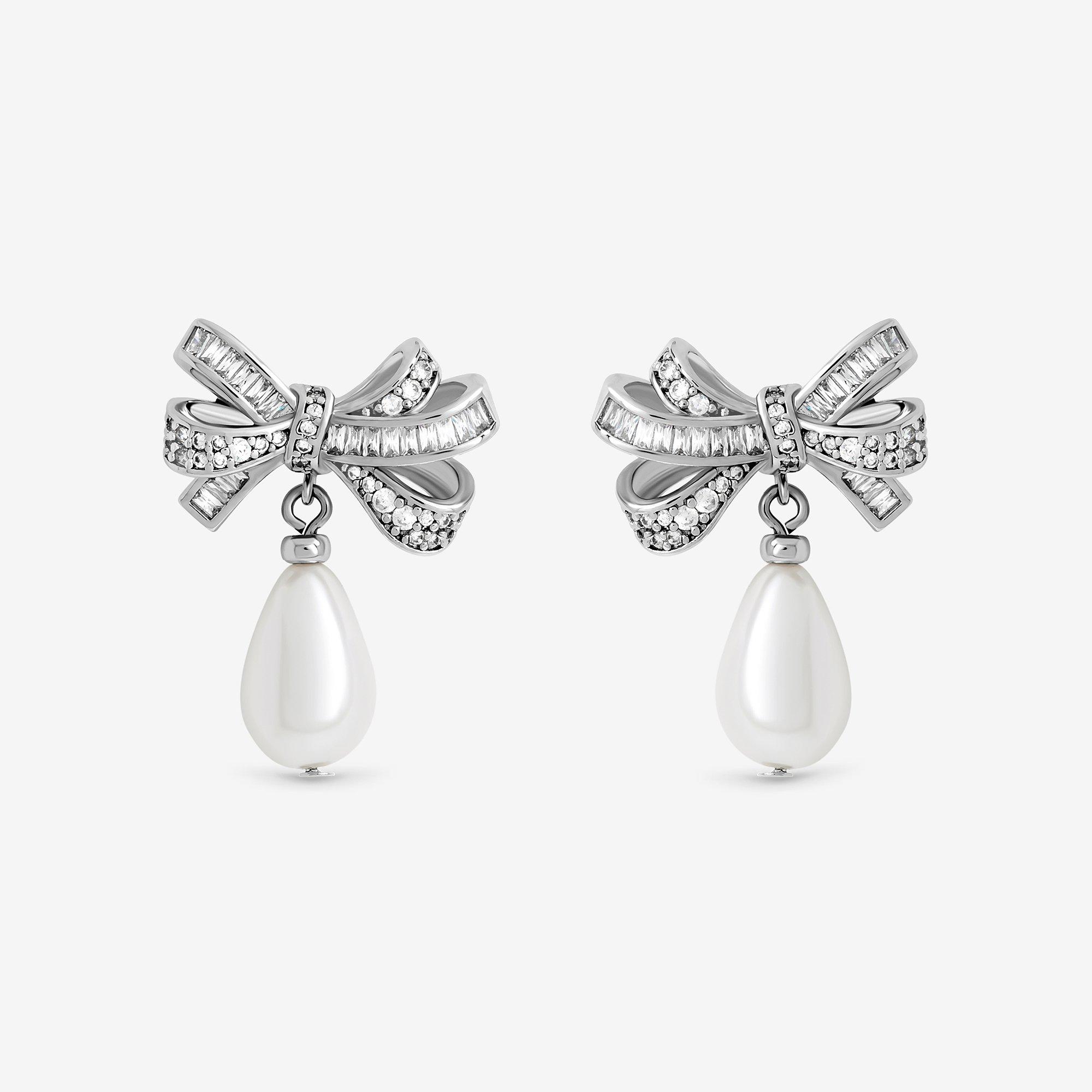 Silver - Jon Richard - Rhodium Plated CZ Bow & Pearl Earrings - 1
