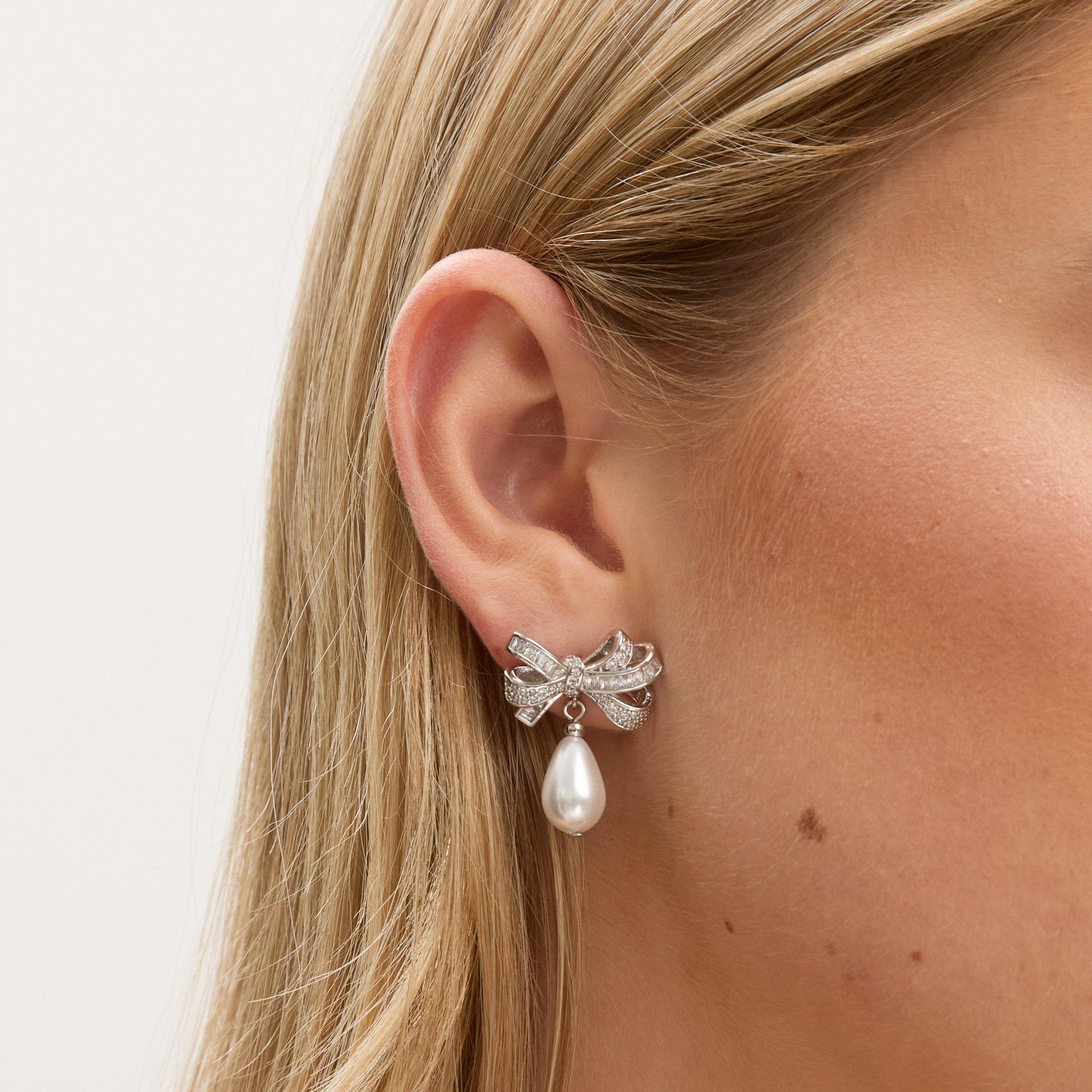 Silver - Jon Richard - Rhodium Plated CZ Bow & Pearl Earrings - 2