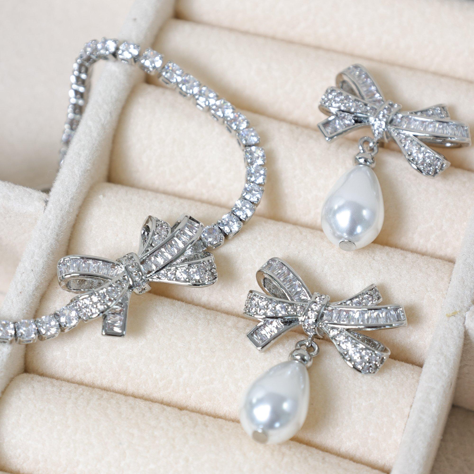 Silver - Jon Richard - Rhodium Plated CZ Bow & Pearl Earrings - 3