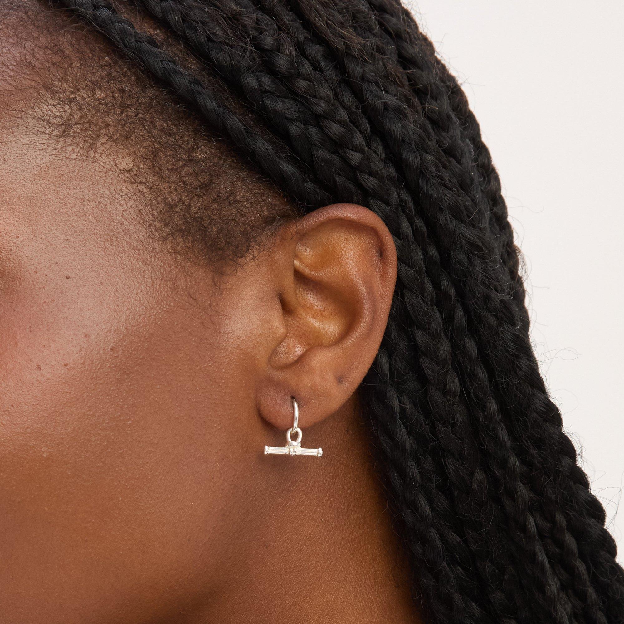 Silver - Simply Silver - Sterling Silver 925 Textured T Bar Hoop Earrings - 2