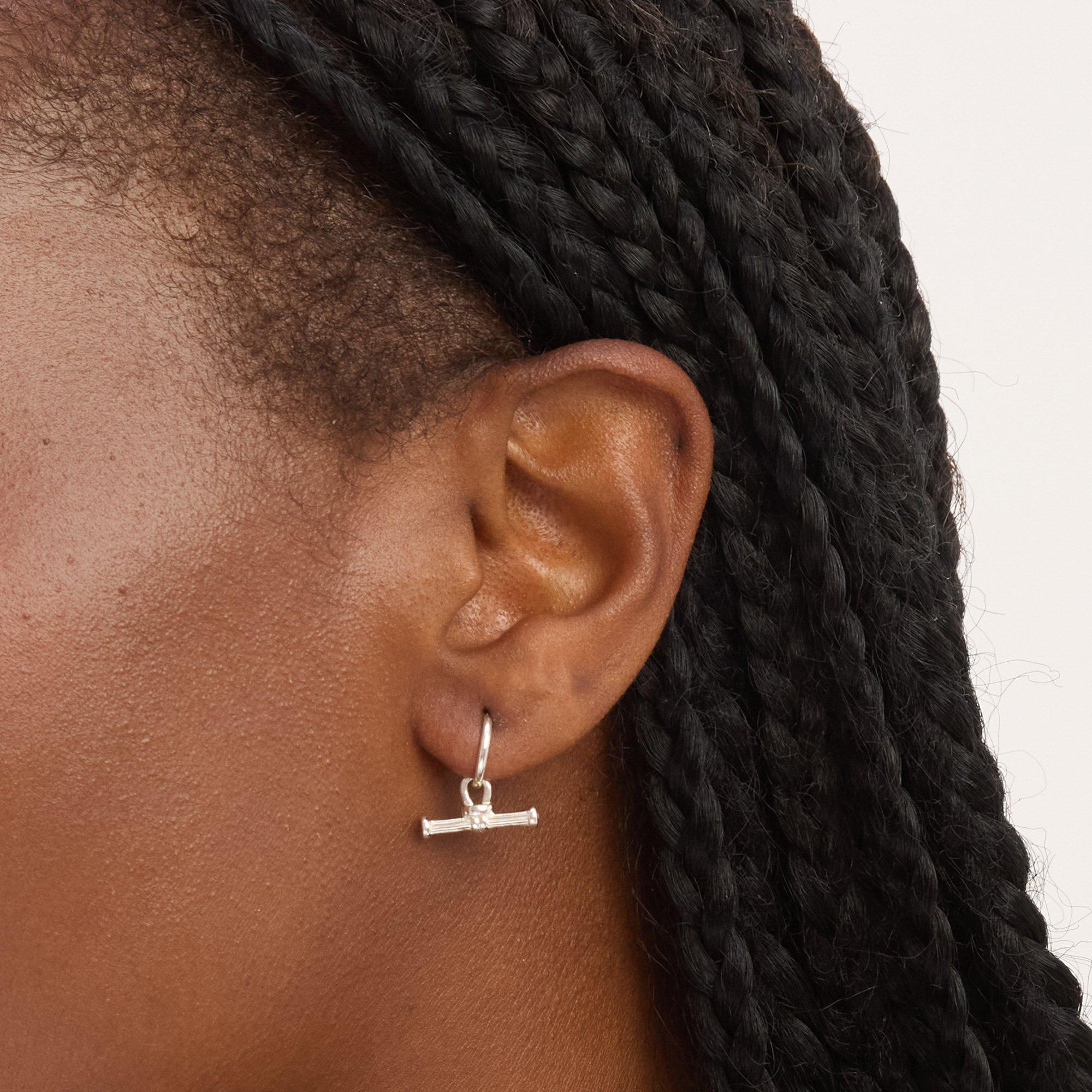 Silver - Simply Silver - Sterling Silver 925 Textured T Bar Hoop Earrings - 3