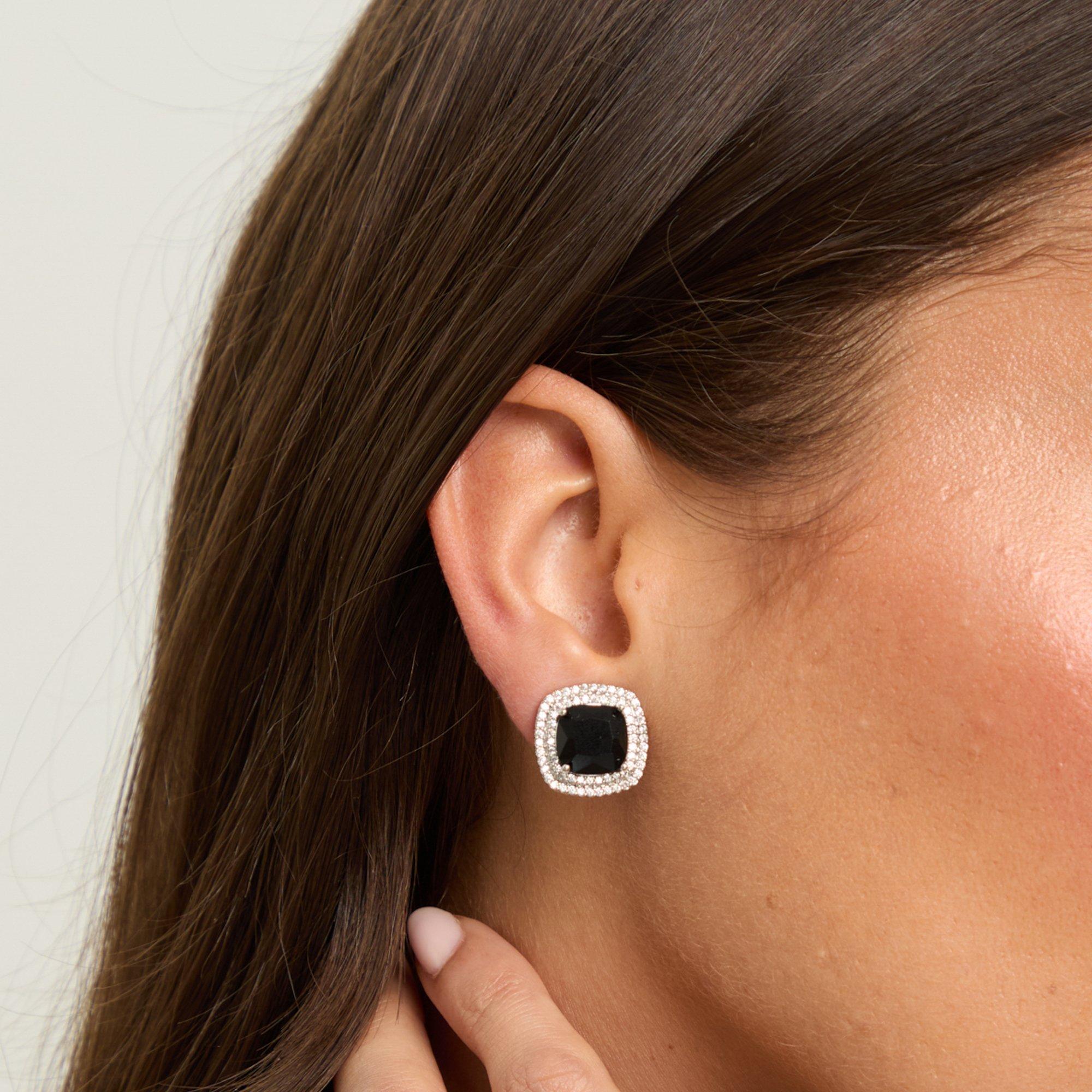 Silver - Jon Richard - Rhodium Plated Large Sqaure Jet Halo Studs - 4