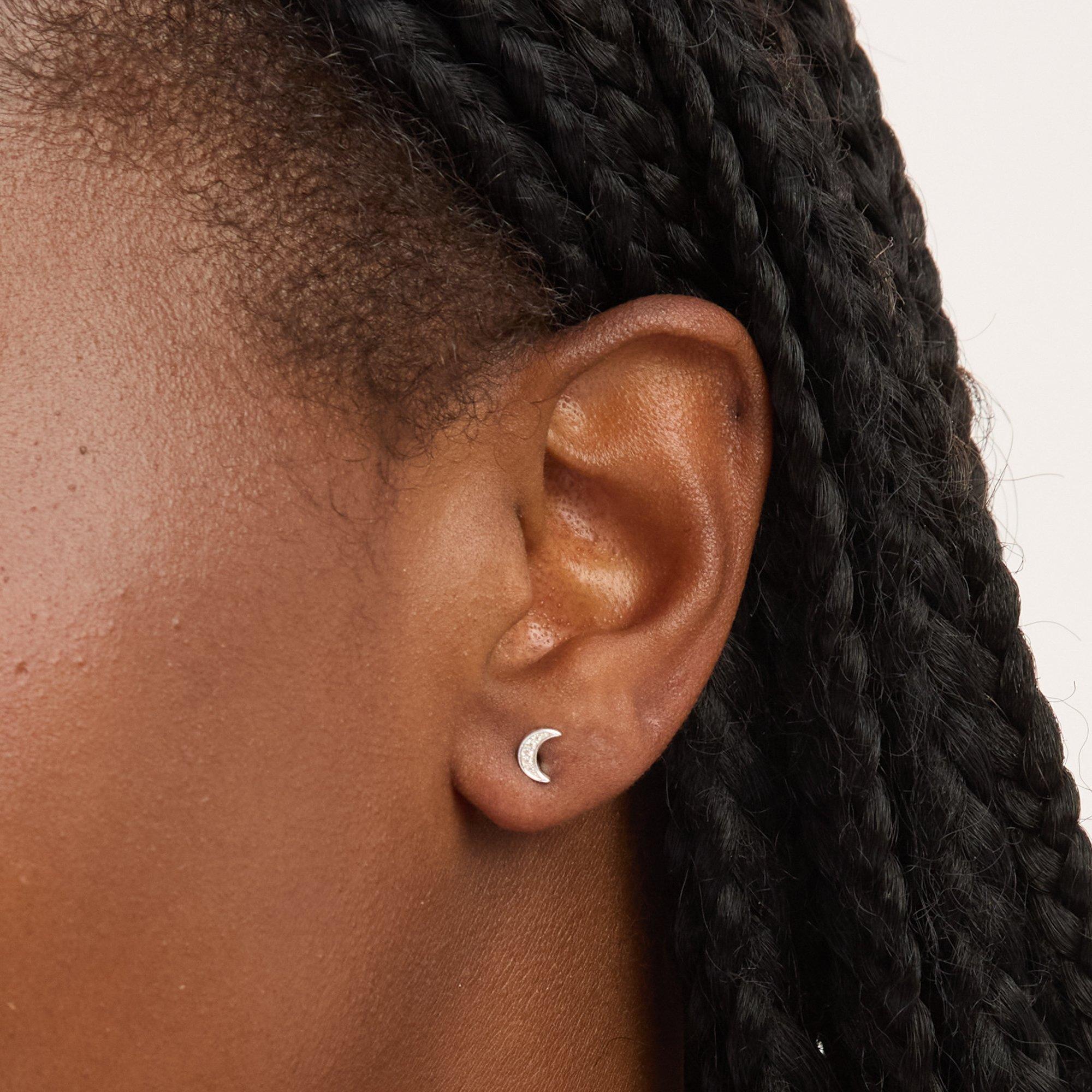 Silver - Simply Silver - Sterling Silver 925 Mini Pave Crescent Studs - 2