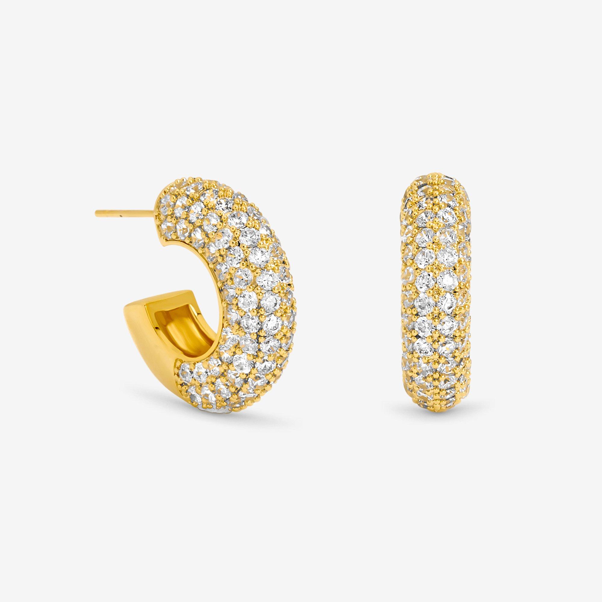 Gold - Jon Richard - Gold Plated Chubby Pave Hoop Earrings - 1