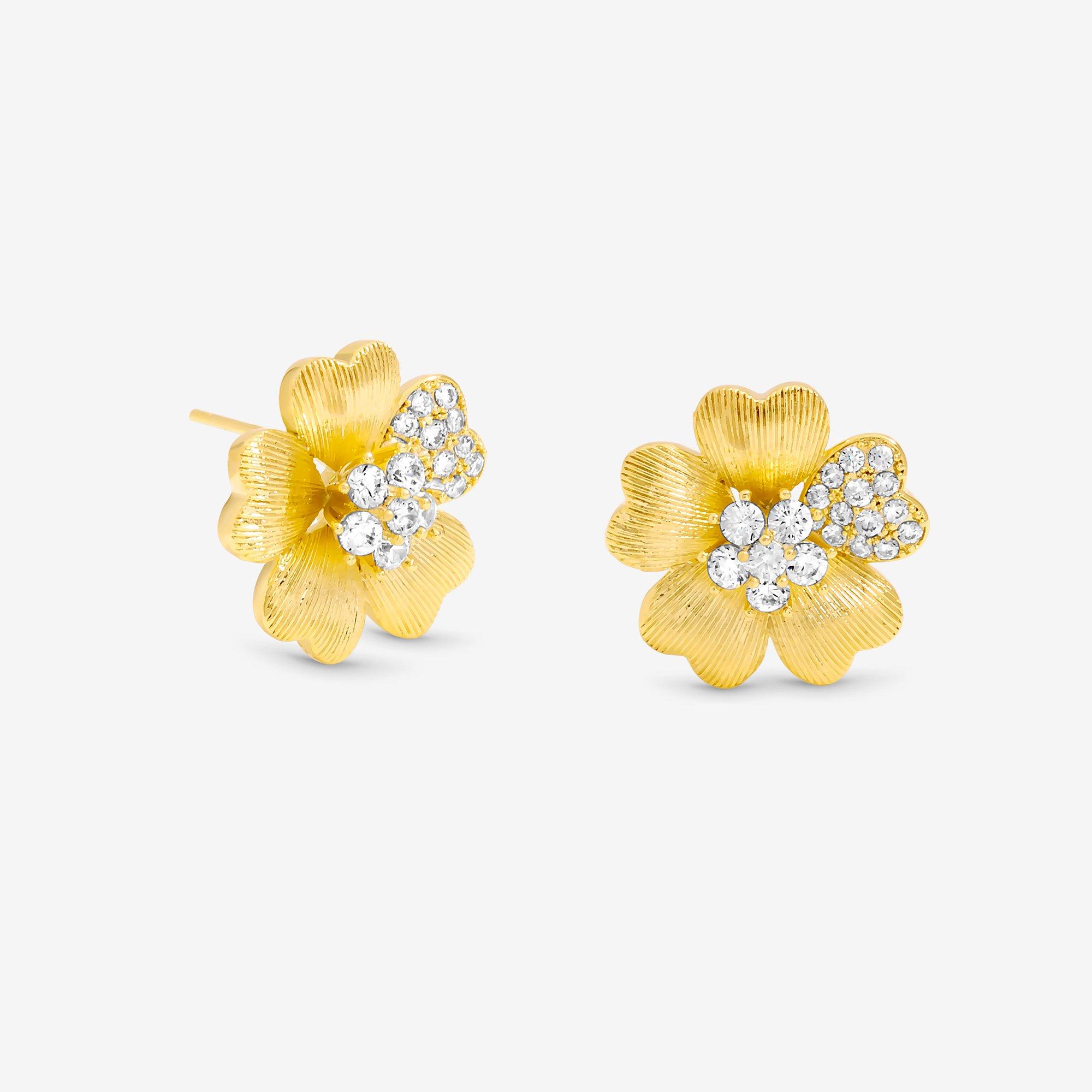 Gold - Jon Richard - Gold Plated Brushed & Pave Flower Studs - 1