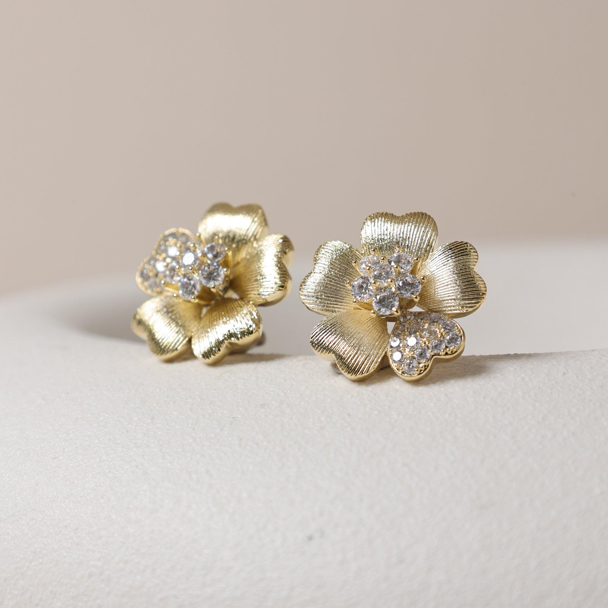 Gold - Jon Richard - Gold Plated Brushed & Pave Flower Studs - 2