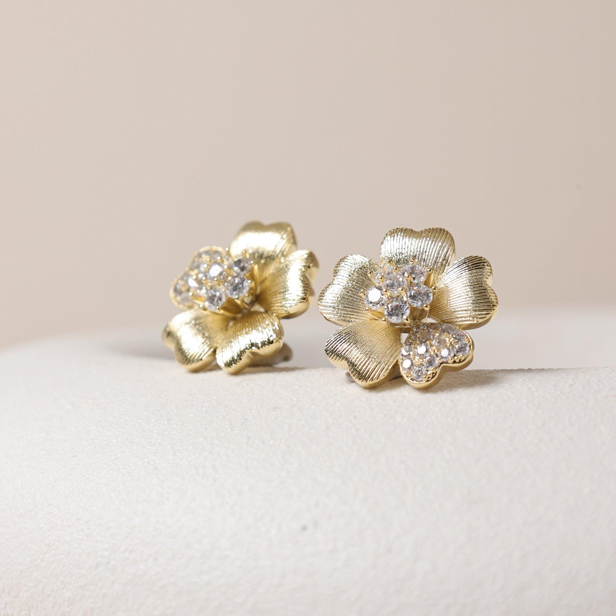Gold - Jon Richard - Gold Plated Brushed & Pave Flower Studs - 3