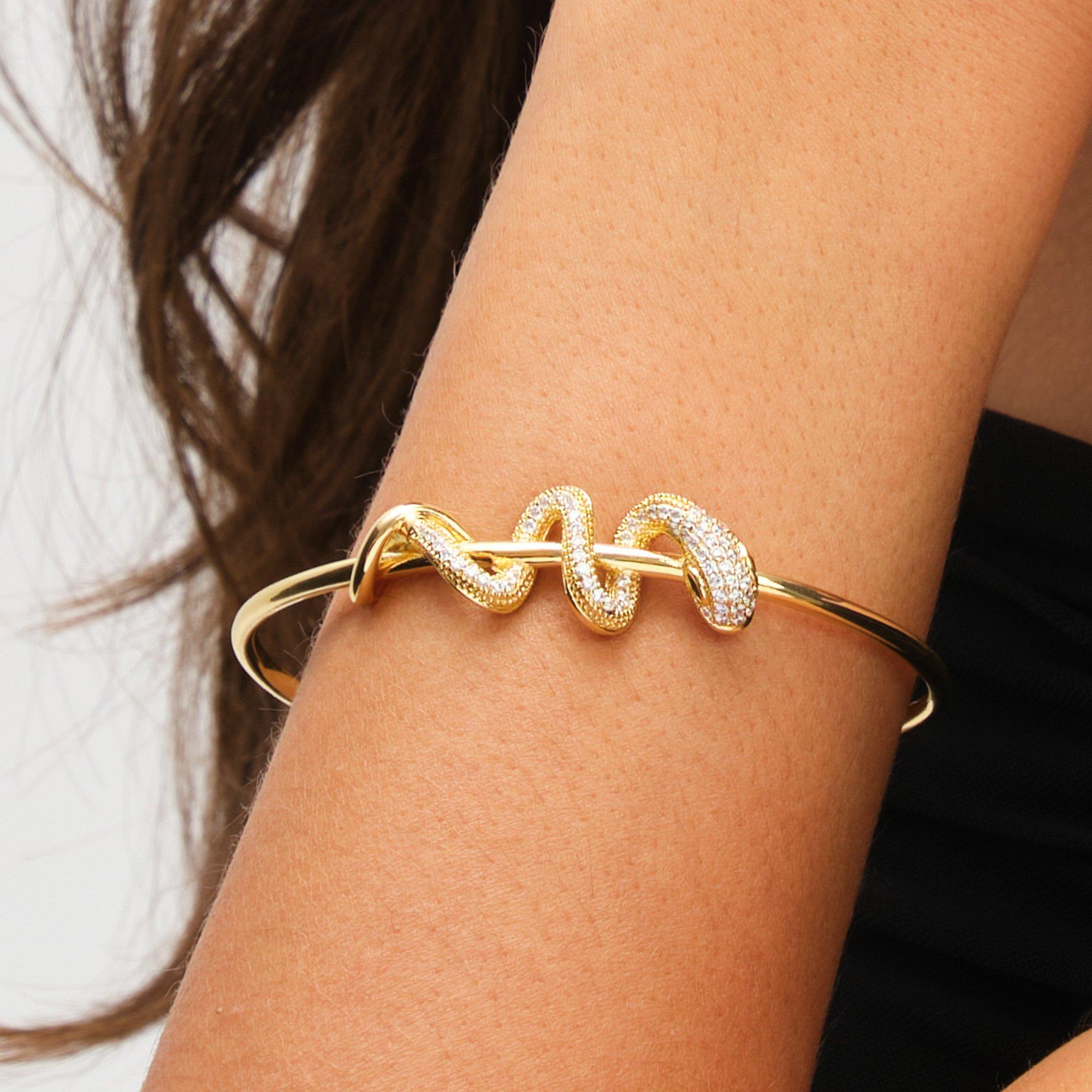 Gold - Inicio - 14K Gold Plated & Crystal Snake Bracelet Cuff - 3