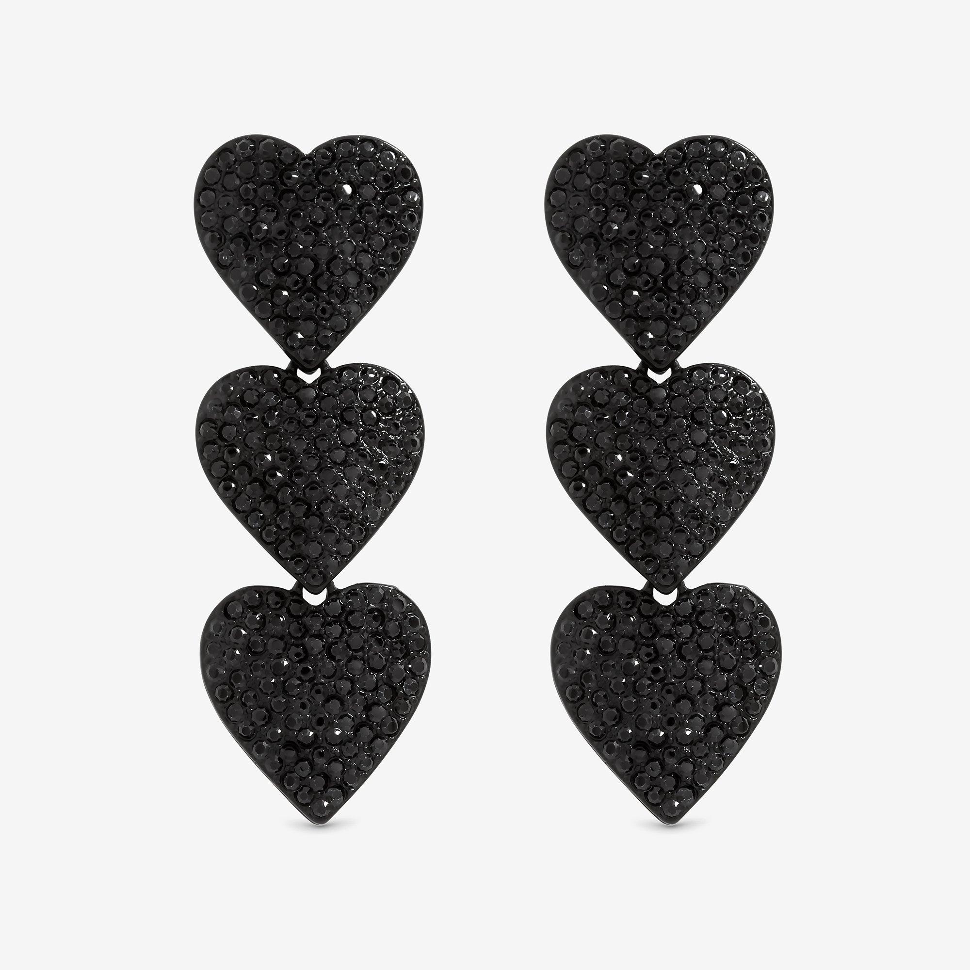 Black - Mood - Jet & Crystal Triple Heart Drop Statement Earrings - 1
