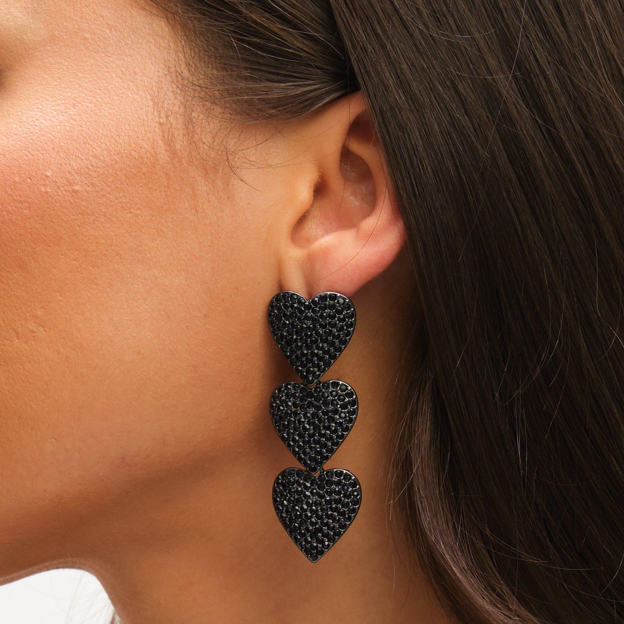 Black - Mood - Jet & Crystal Triple Heart Drop Statement Earrings - 3