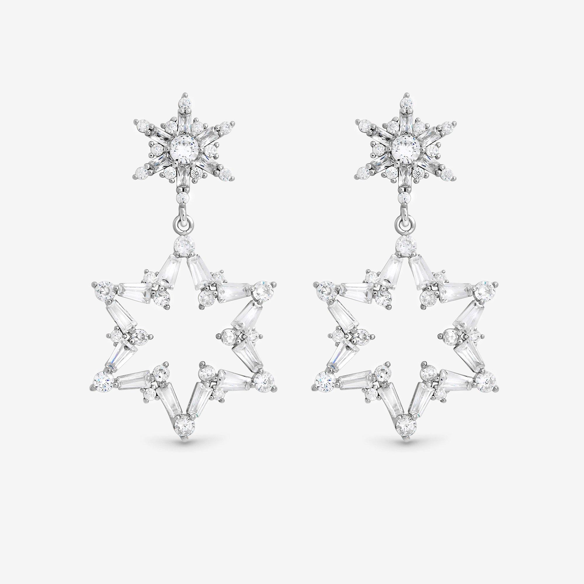 Silver - Mood - Silver Crystal Star Drop Earrings - 1
