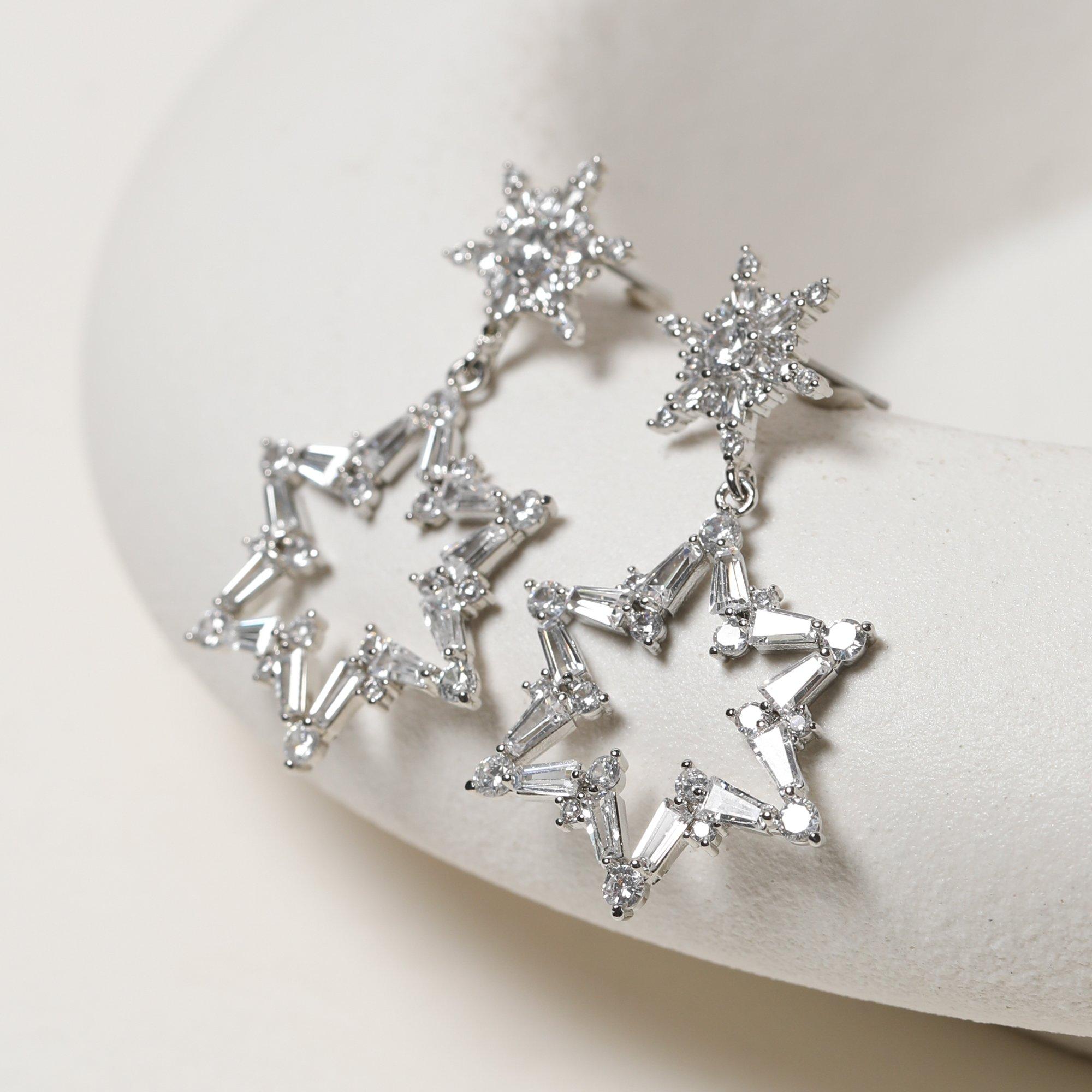 Silver - Mood - Silver Crystal Star Drop Earrings - 2
