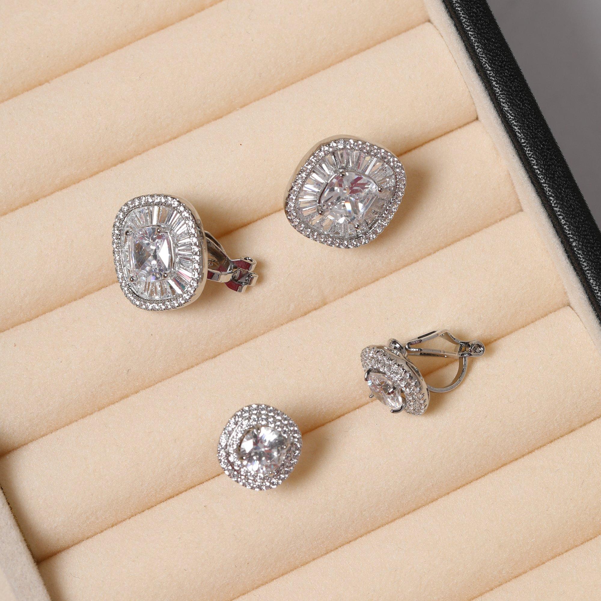 Silver - Jon Richard - Rhodium Plated Baguette CZ Stud Clip Earrings - 2