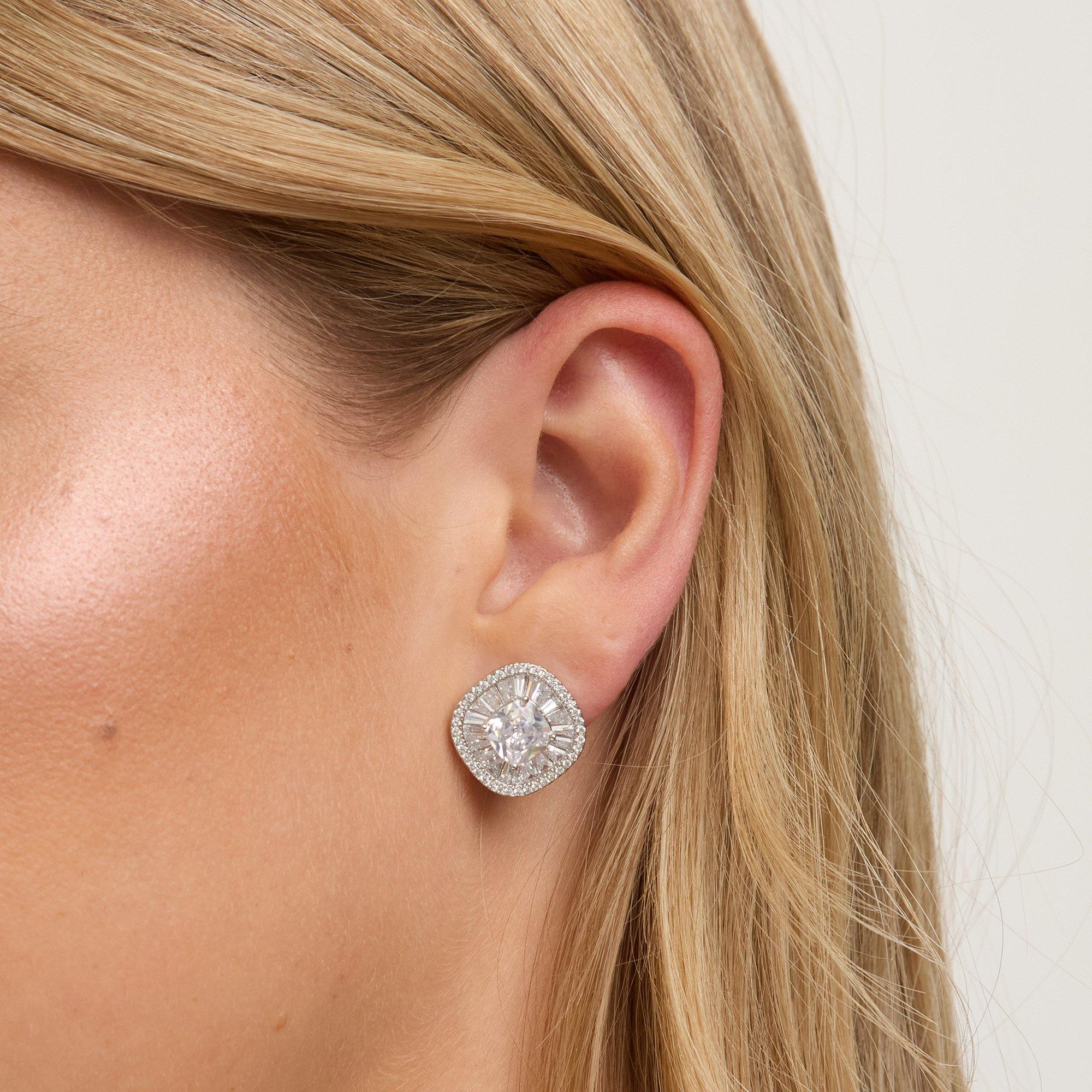 Silver - Jon Richard - Rhodium Plated Baguette CZ Stud Clip Earrings - 3