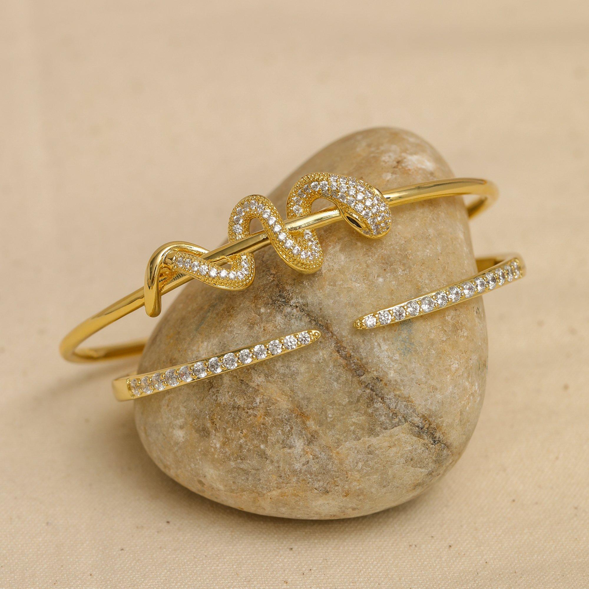 Gold - Inicio - 14K Gold Plated & Crystal Open Bangle - Gift Pouch - 3