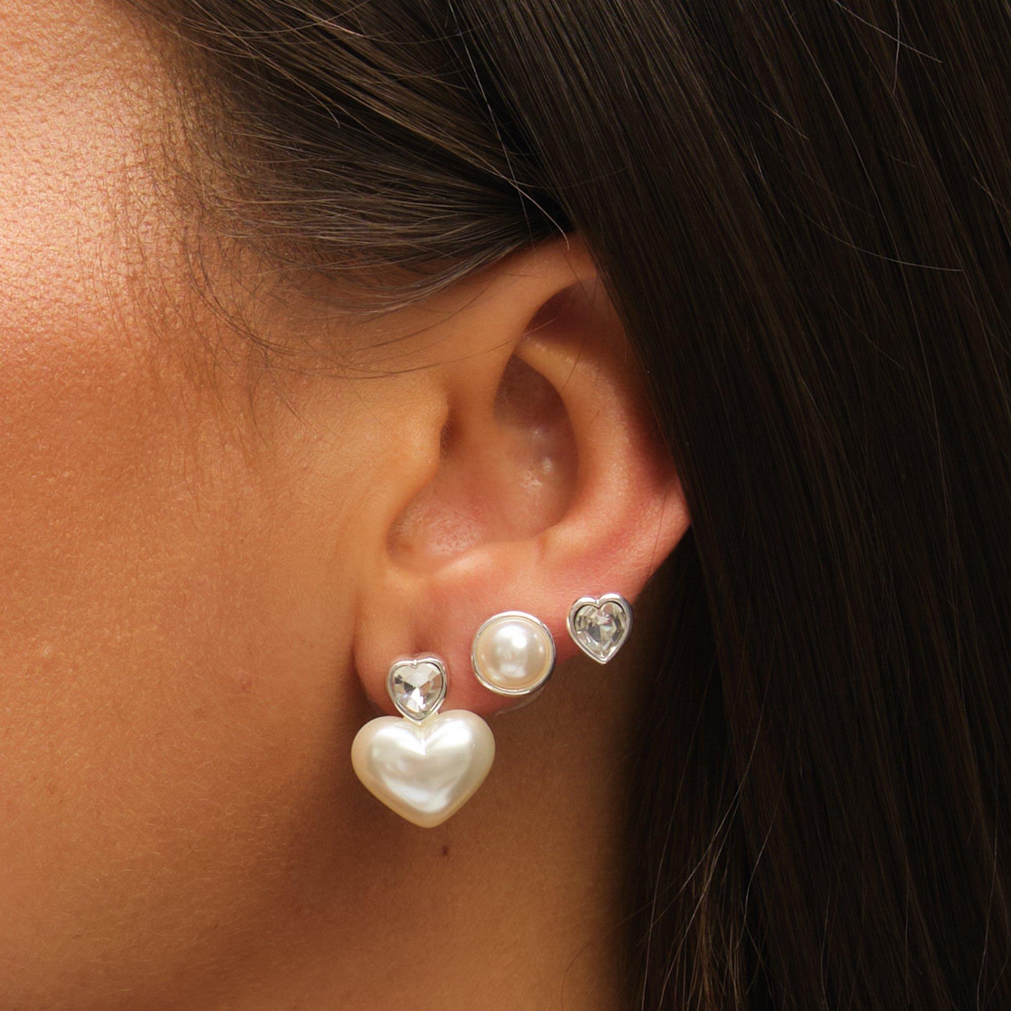 Silver - Mood - Silver Crystal & Pearl Heart Earrings - Pack of 3 - 2