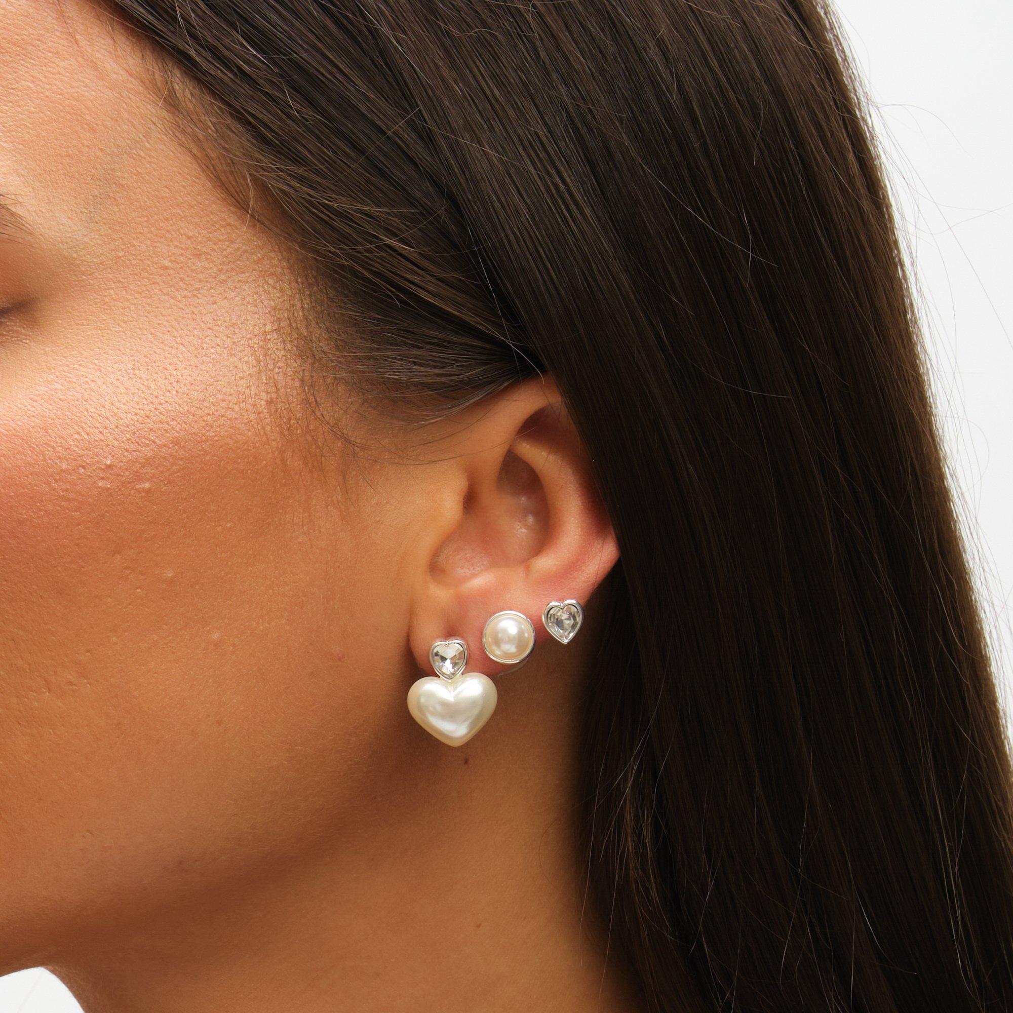 Silver - Mood - Silver Crystal & Pearl Heart Earrings - Pack of 3 - 3