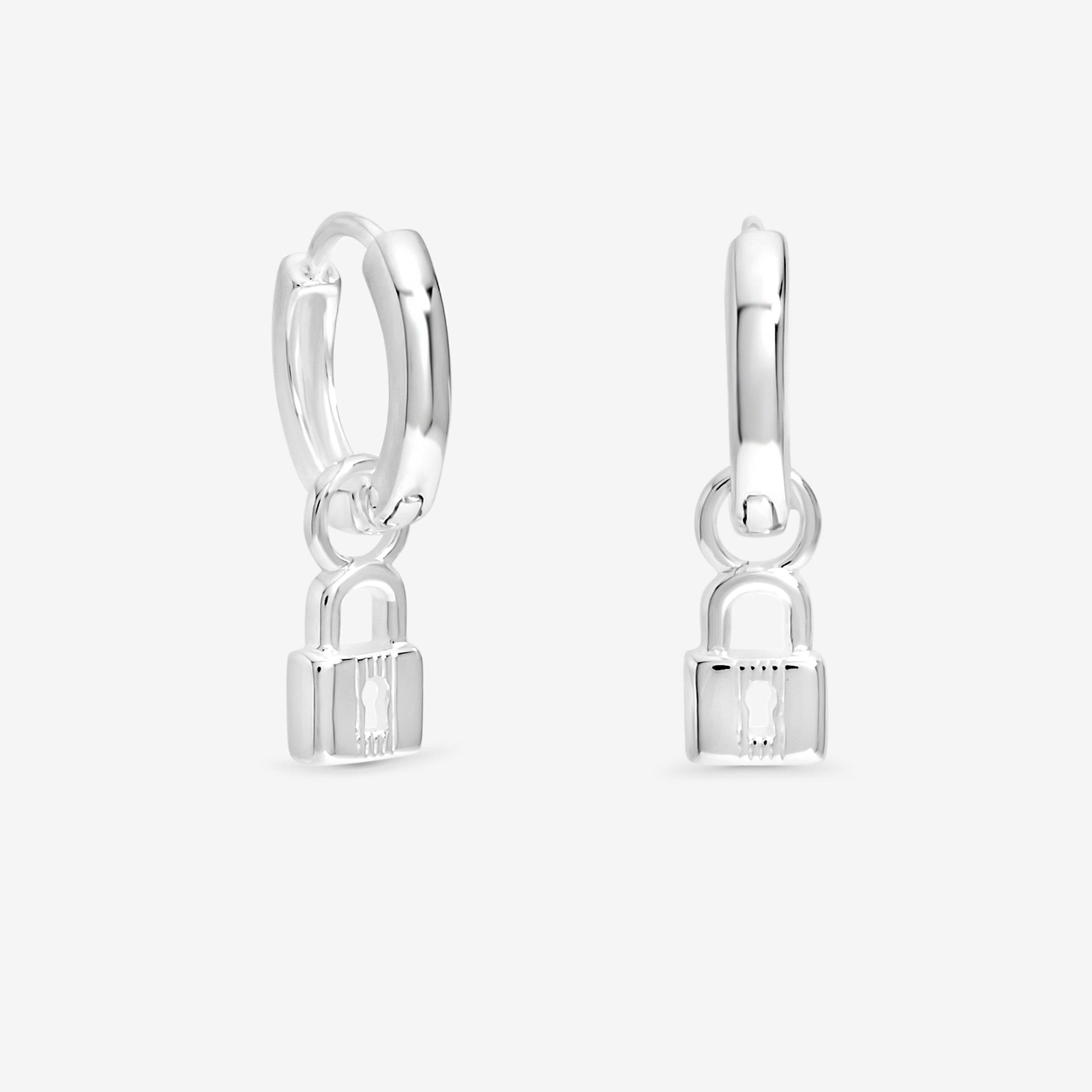 Simply Women's Sterling 925 Padlock Charm Hoops Silver