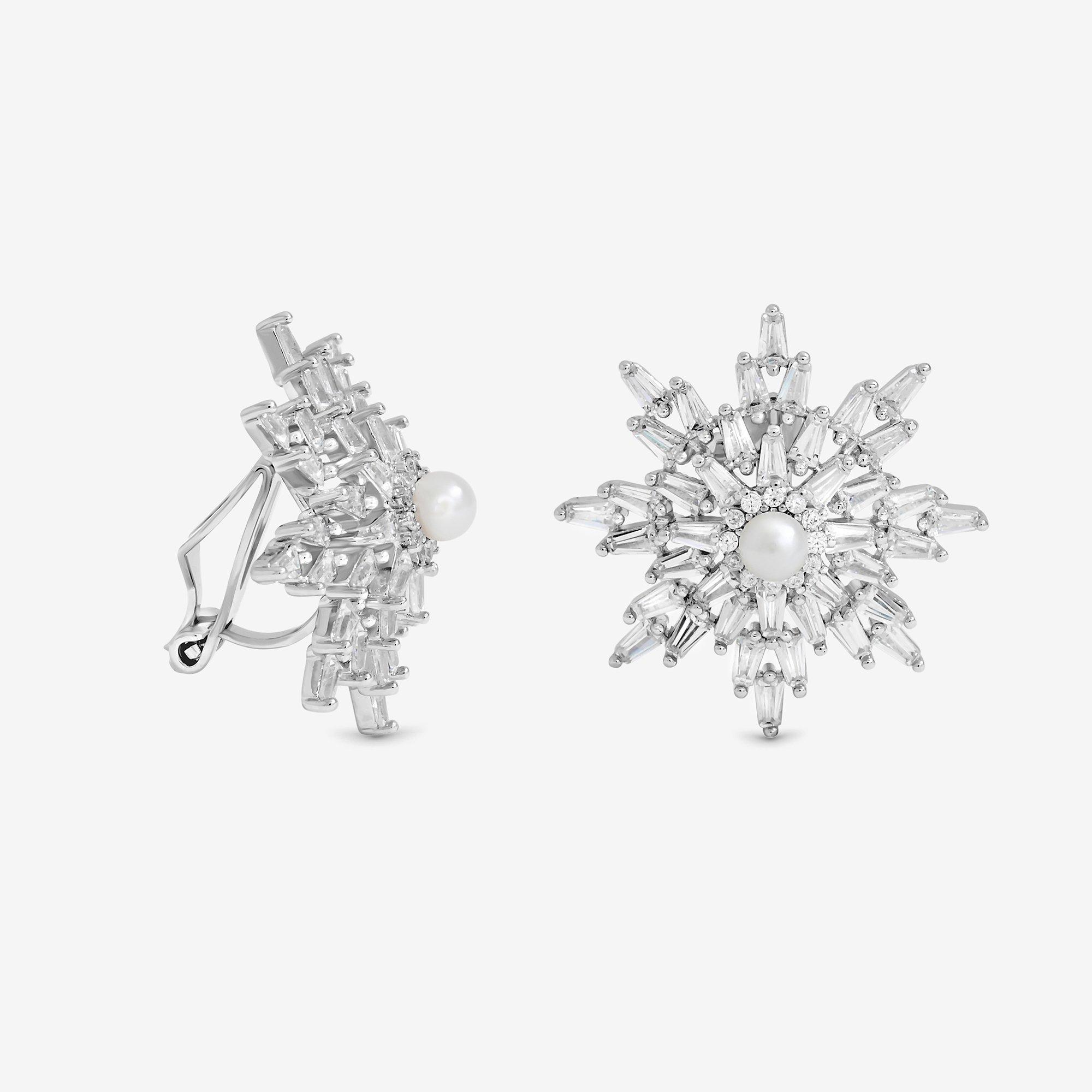 Silver - Jon Richard - Rhodium Plated Crystal & Pearl Star Clip Earrings - 1