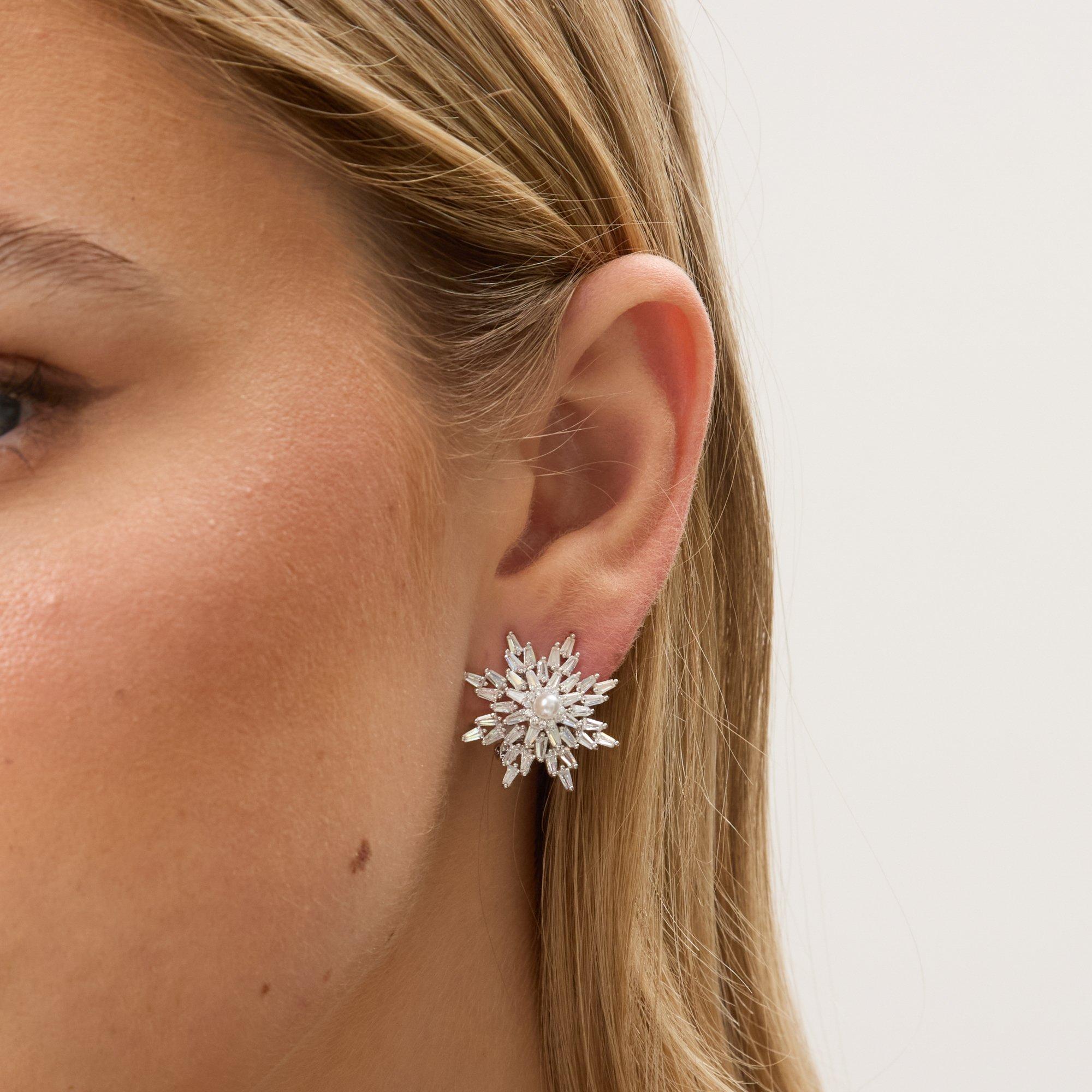 Silver - Jon Richard - Rhodium Plated Crystal & Pearl Star Clip Earrings - 2