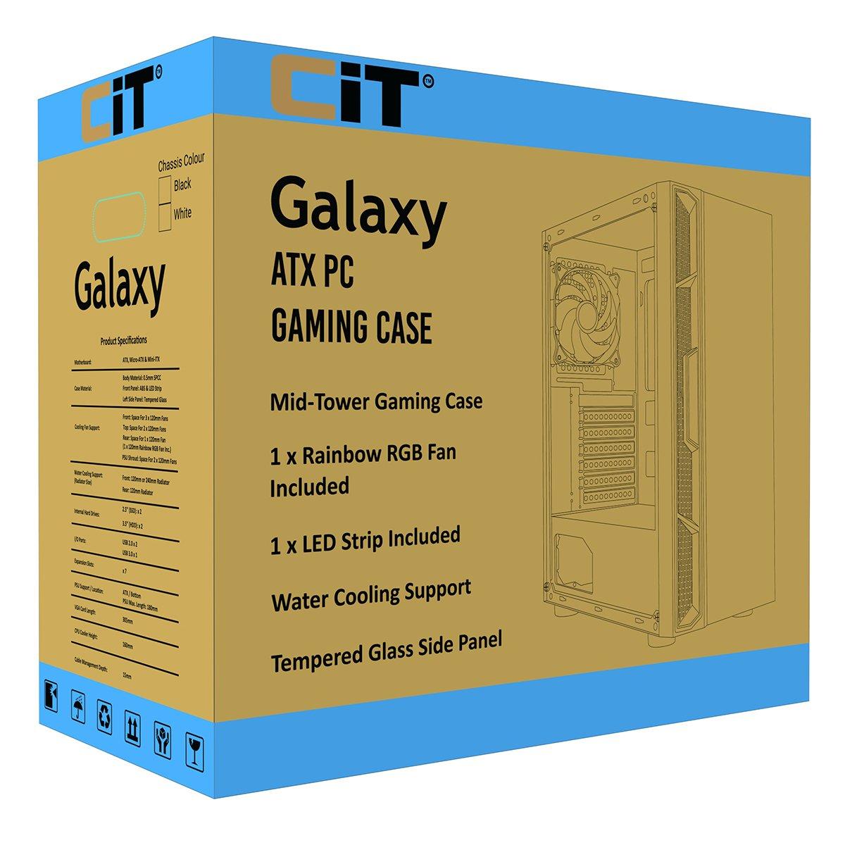 Black - CiT - Galaxy Mid Tower ATX Gaming PC Case with LED Strip + Fan - Black - 14