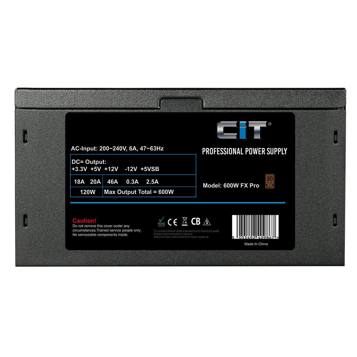 Bronze Noir - CiT - FX Pro 600w ATX Power Supply Unit APFC 80 Plus Bronze - with 14cm Fan - 7