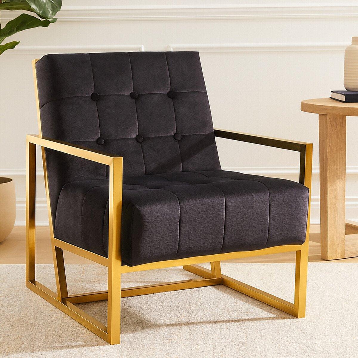 Black - Interiors by Premier - Hana Black Velvet Chair With Gold Frame - 1