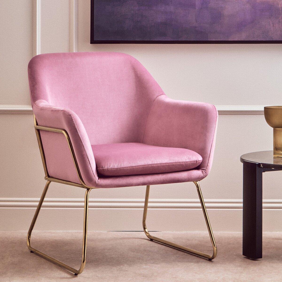 Pink - Interiors by Premier - Xander Pink Velvet Bushed Gold Armchair - 1