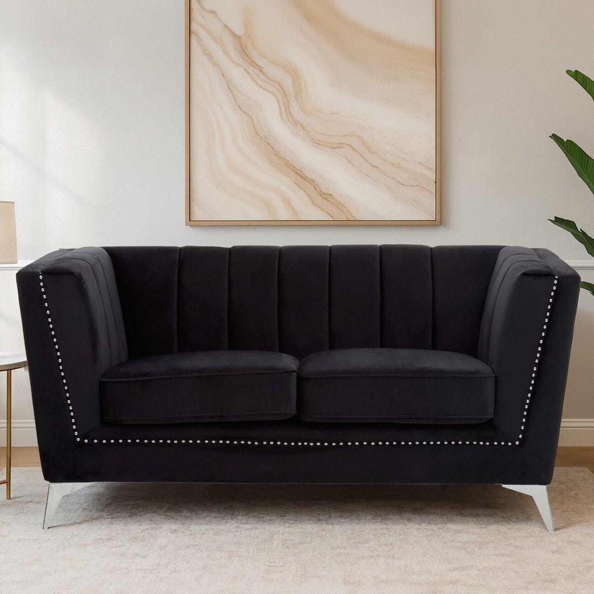 Black - Interiors by Premier - Hansa Two Seat Black Velvet Sofa - 1