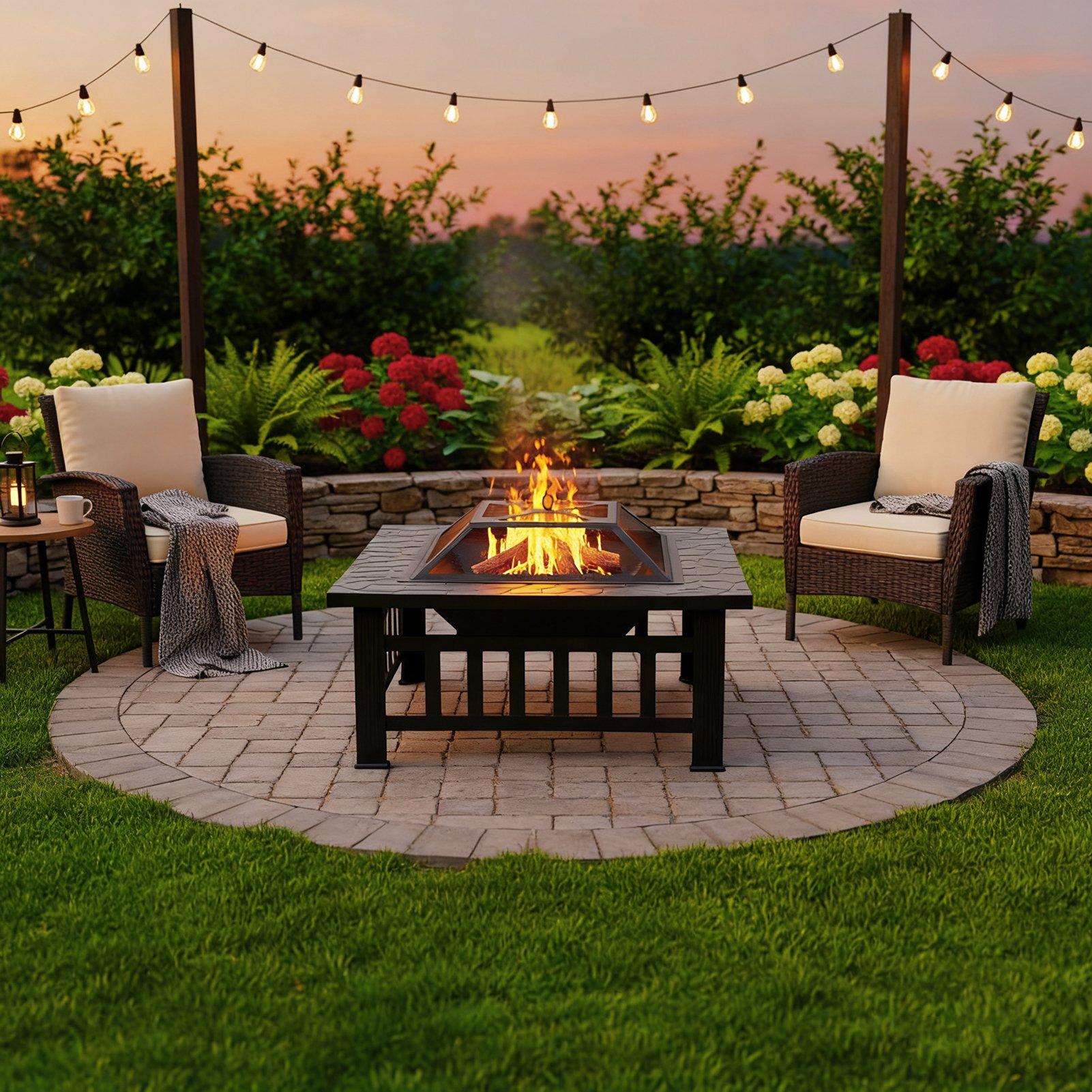 Black - Breeins - Square Outdoor Fire Pit with Grill & Tabletop - 1