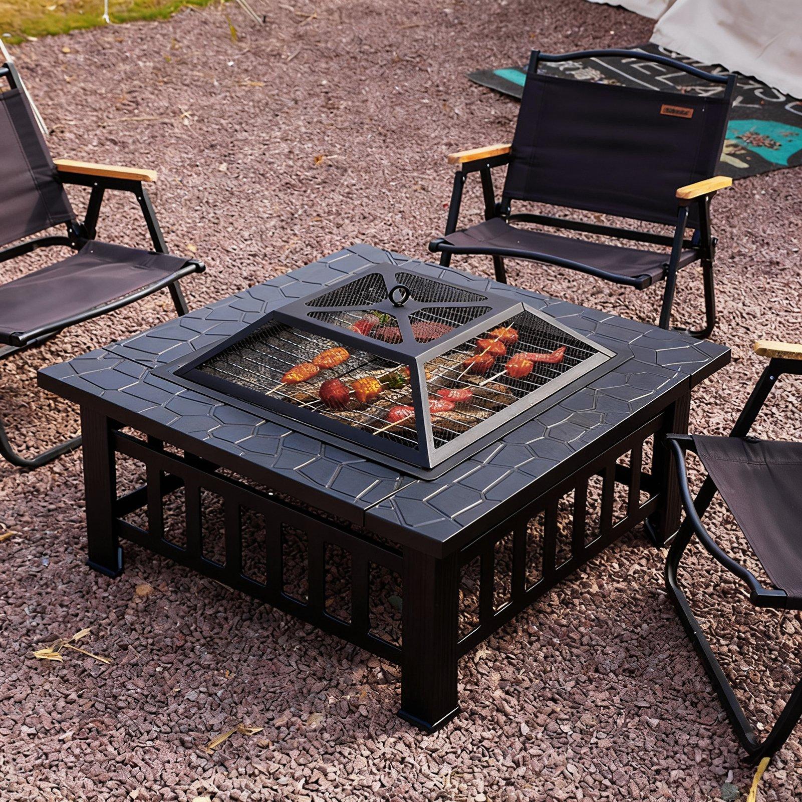Black - Breeins - Square Outdoor Fire Pit with Grill & Tabletop - 3