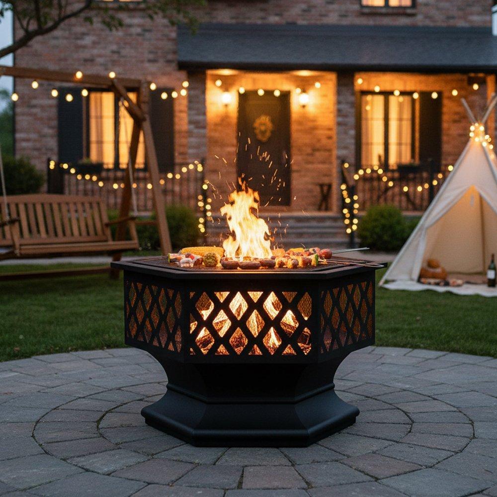 Black - Breeins - Hexagon Outdoor Fire Pit with Grill & Screen - 1