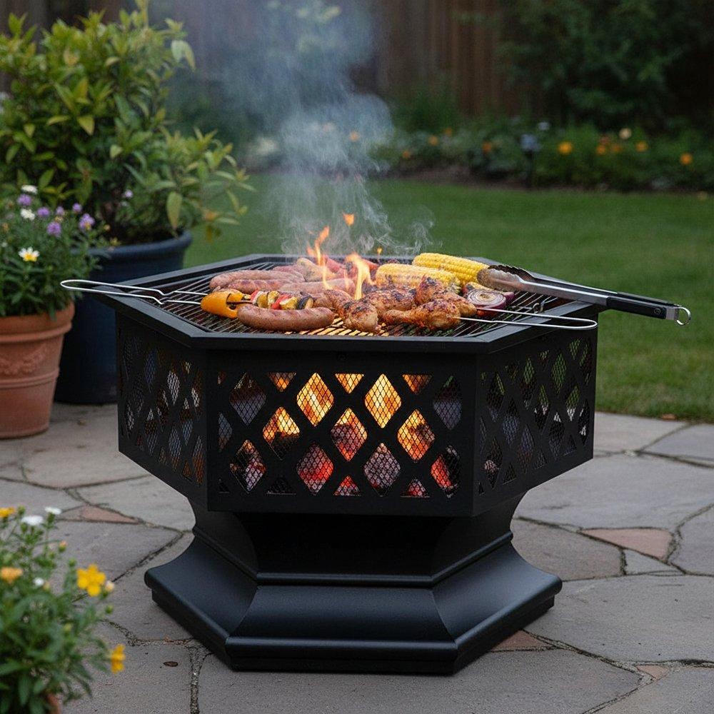 Black - Breeins - Hexagon Outdoor Fire Pit with Grill & Screen - 2