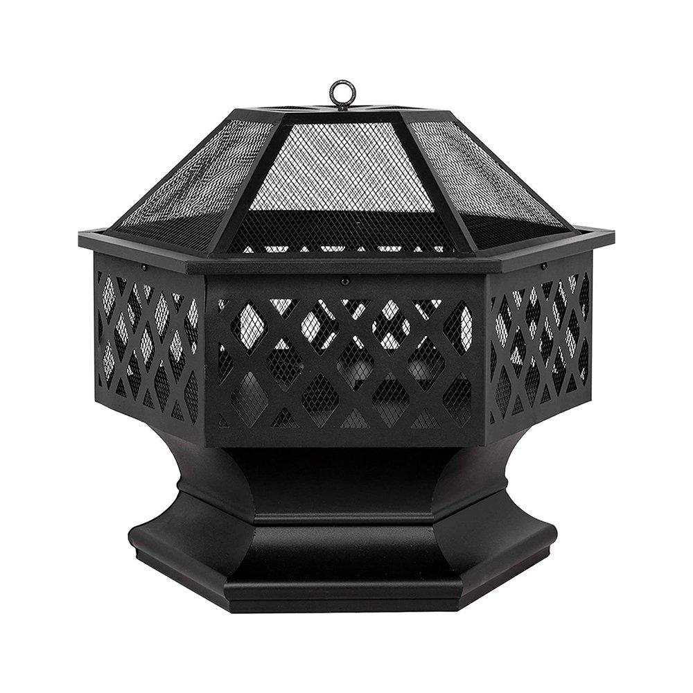 Black - Breeins - Hexagon Outdoor Fire Pit with Grill & Screen - 3