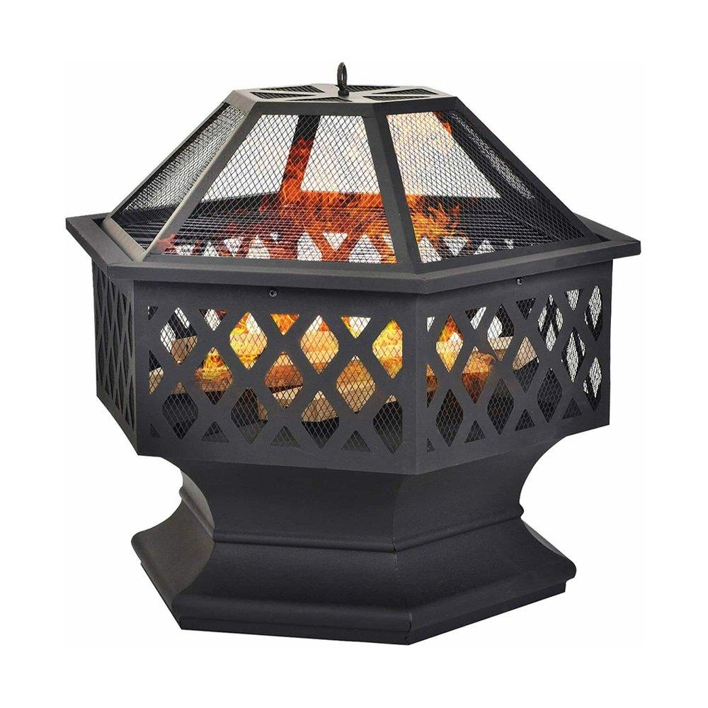 Black - Breeins - Hexagon Outdoor Fire Pit with Grill & Screen - 4