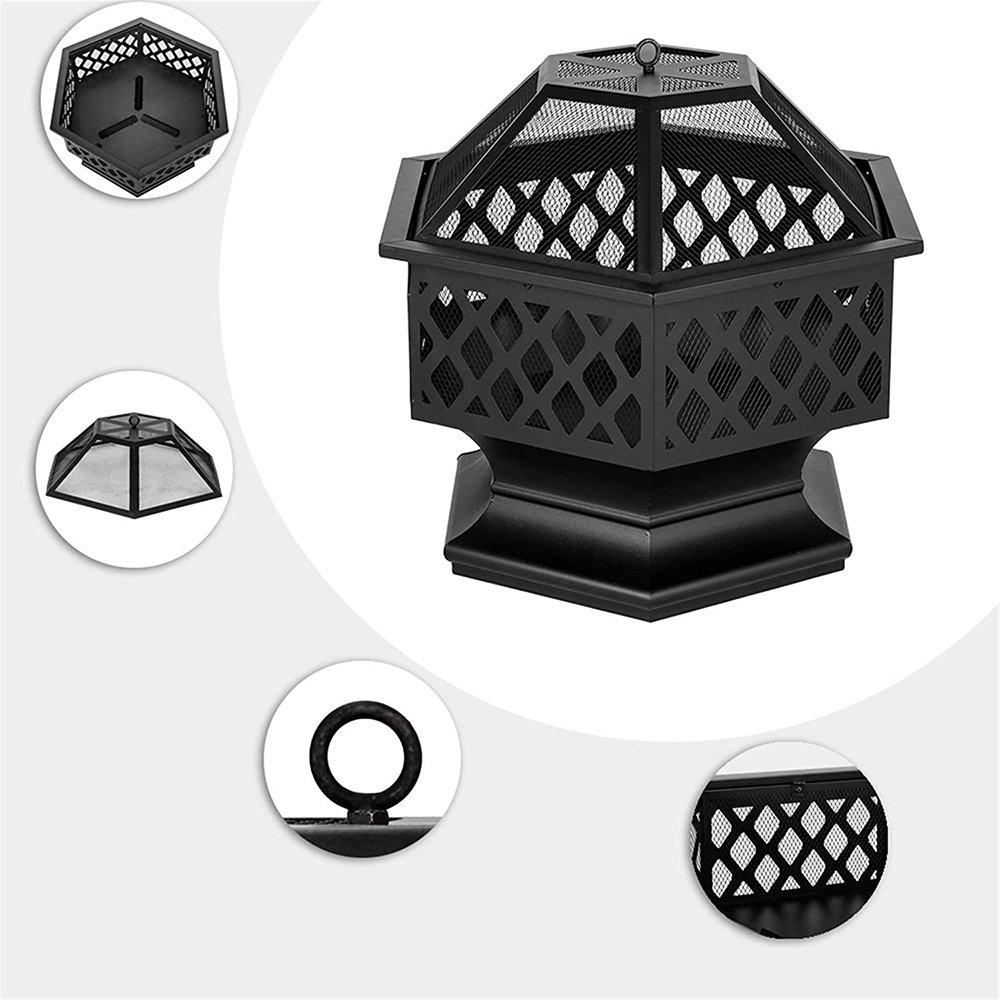 Black - Breeins - Hexagon Outdoor Fire Pit with Grill & Screen - 7